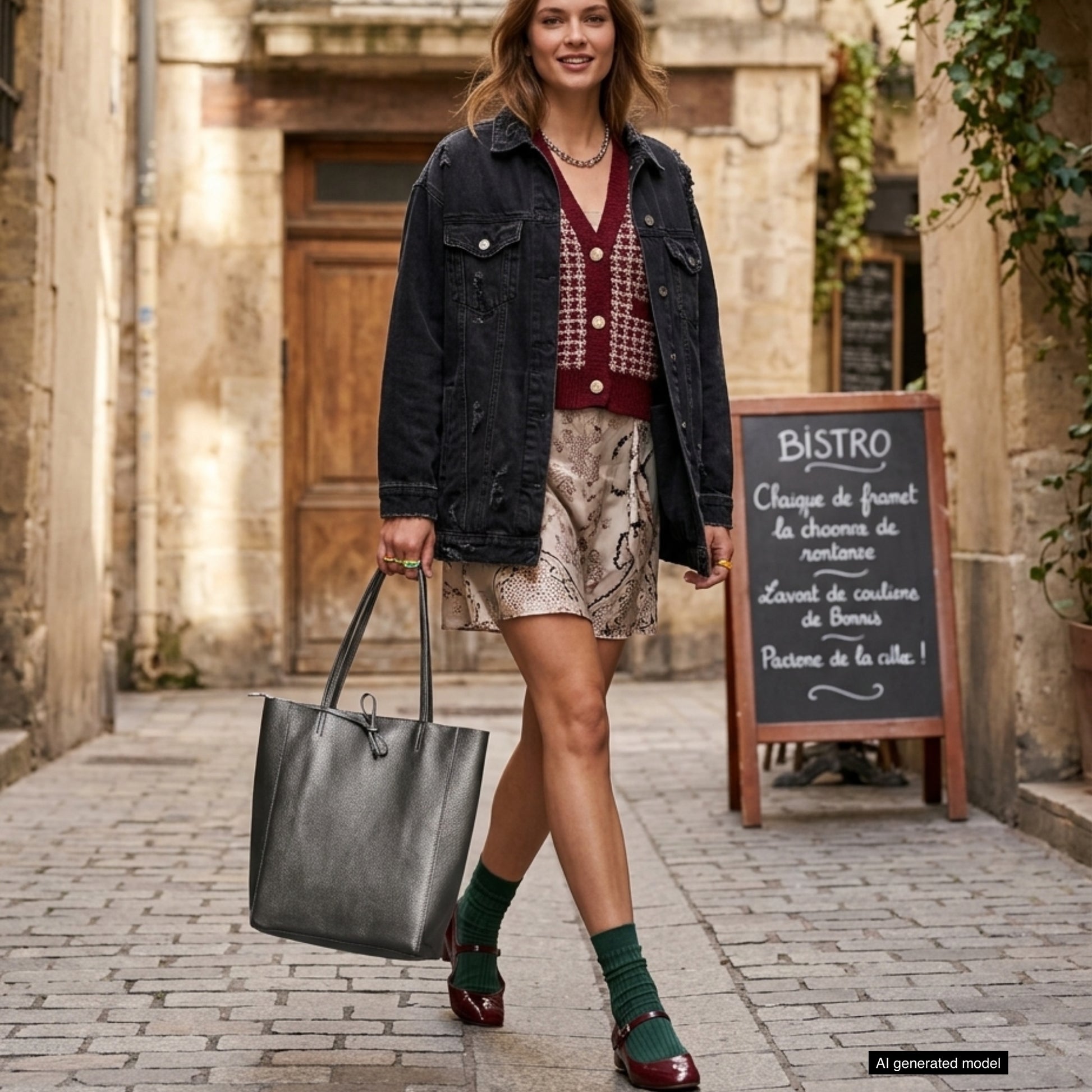 A woman walks on a cobblestone street, wearing a black denim jacket and carrying a stylish Italian leather tote bag. A bistro and chalkboard menu are in the background, adding charm to her chic ensemble.