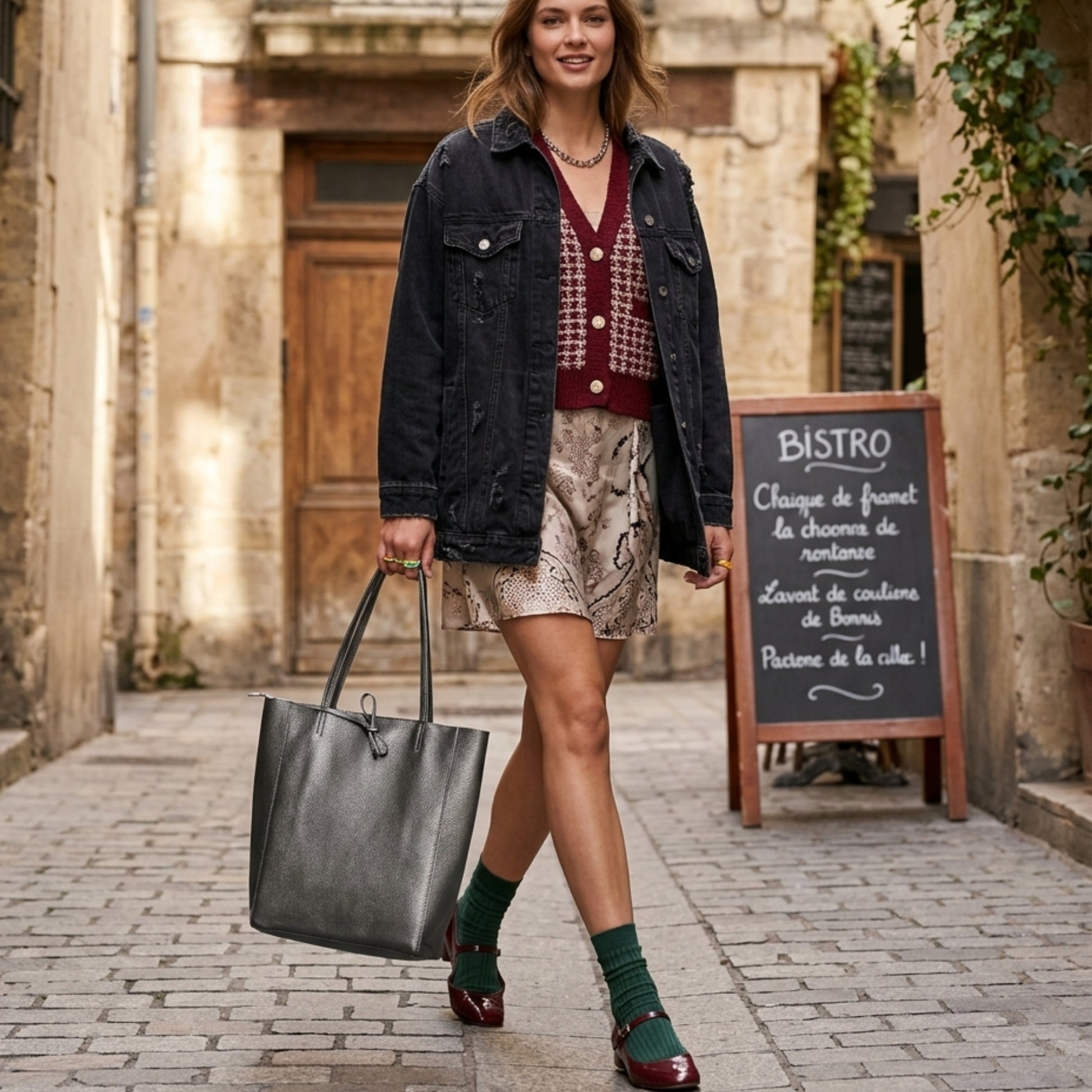 A woman walks on a cobblestone street wearing a black denim jacket, maroon cardigan, printed skirt, green socks, and burgundy shoes. She carries an Italian leather tote. A bistro chalkboard sign is visible in the background.