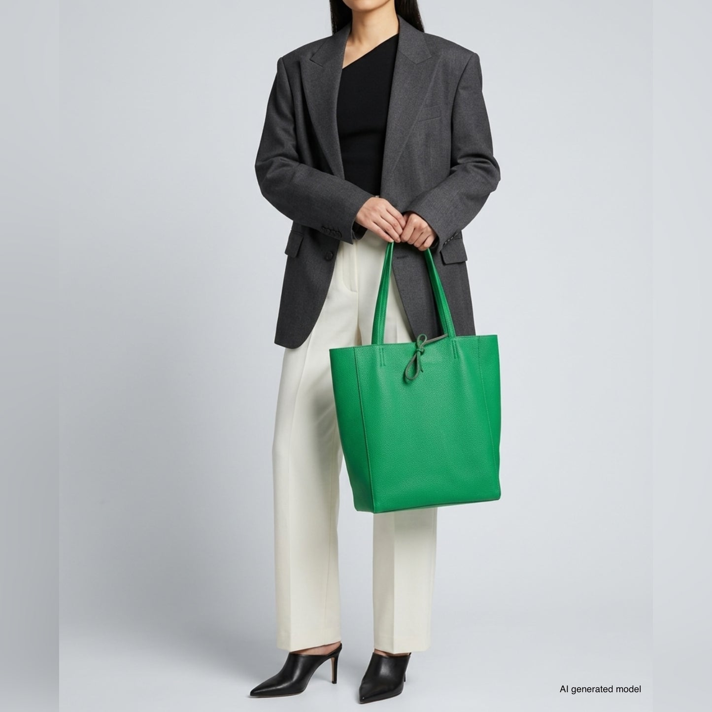 A woman wearing a gray blazer, black top, and white pants holds an Italian leather tote bag in green pebbled calfskin leather, paired with black heeled shoes, standing against a plain gray background.