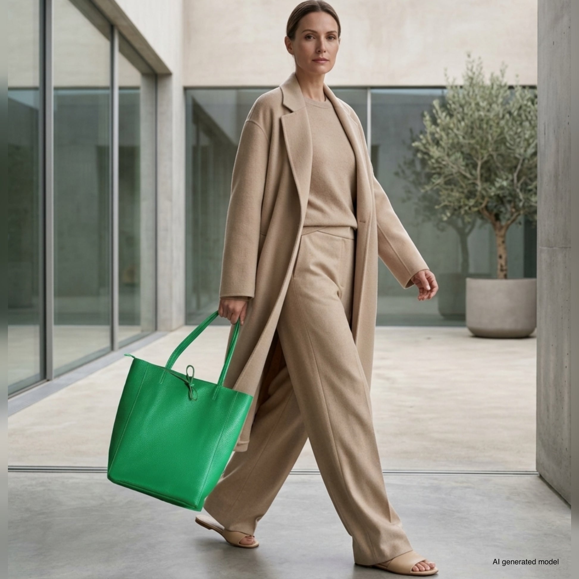A woman in a beige coat and matching outfit walks indoors with a large, bright green Italian leather tote bag. The modern setting features glass walls, concrete floors, and a potted tree in the background.
