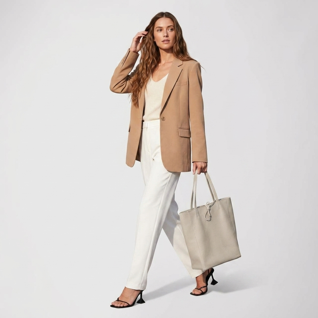 A woman in a beige blazer, cream top, and white pants carries an Italian leather tote. She has long wavy brown hair and wears black heeled sandals, posing confidently against a plain light background.