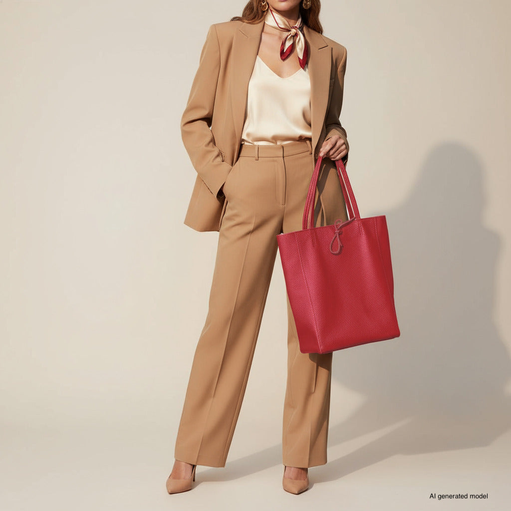 A person in a tan pantsuit, cream blouse, and red scarf stands holding a large Italian leather tote. They wear pointed tan heels. The background is neutral, and the model’s face is not visible.