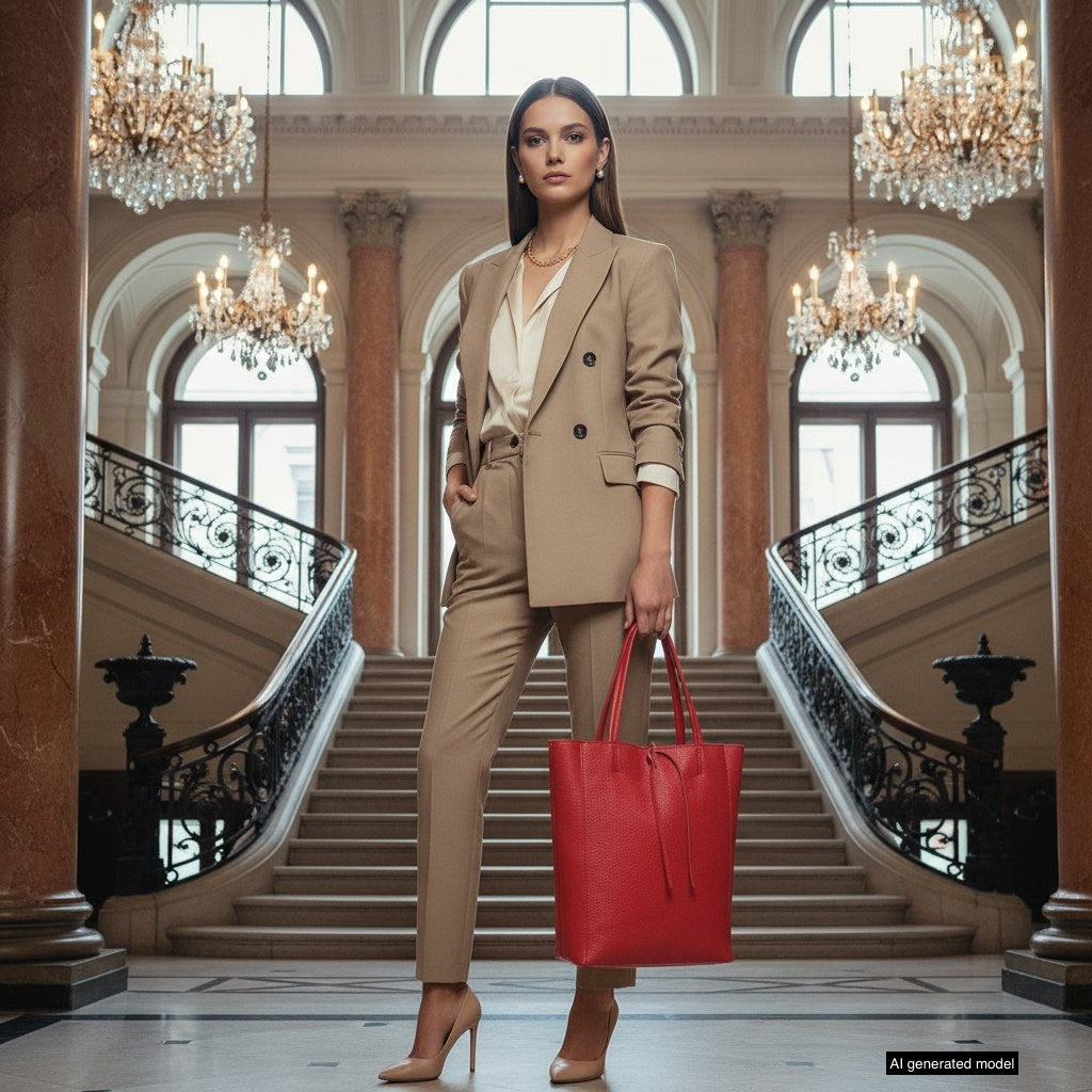 A woman in a tan suit and heels stands confidently before a grand staircase, holding a striking Italian leather tote. Ornate columns and elegant décor with sparkling chandeliers complete the sophisticated scene.