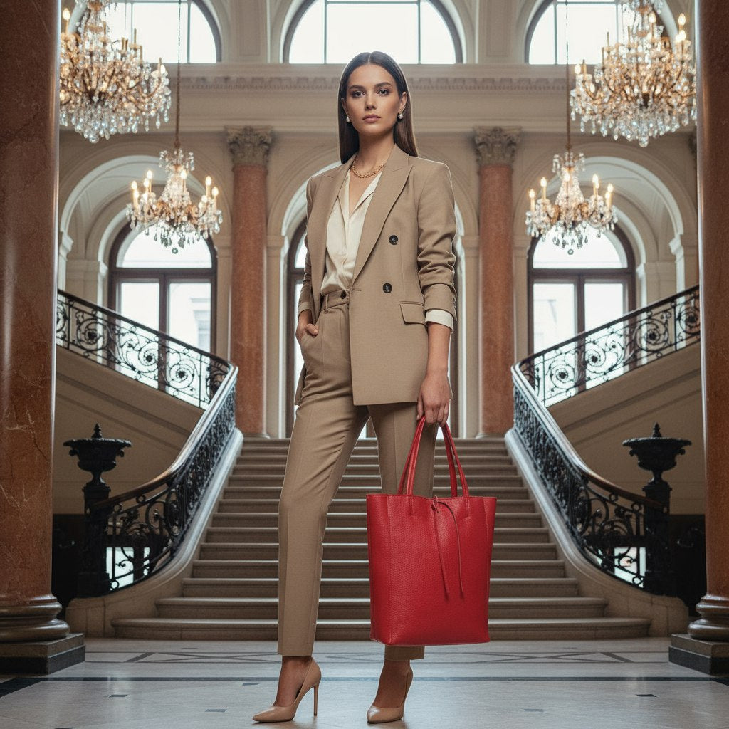 A woman in a tan suit and nude heels stands confidently with an Italian leather tote in an elegant building, featuring a grand staircase, marble columns, and chandeliers in the background.