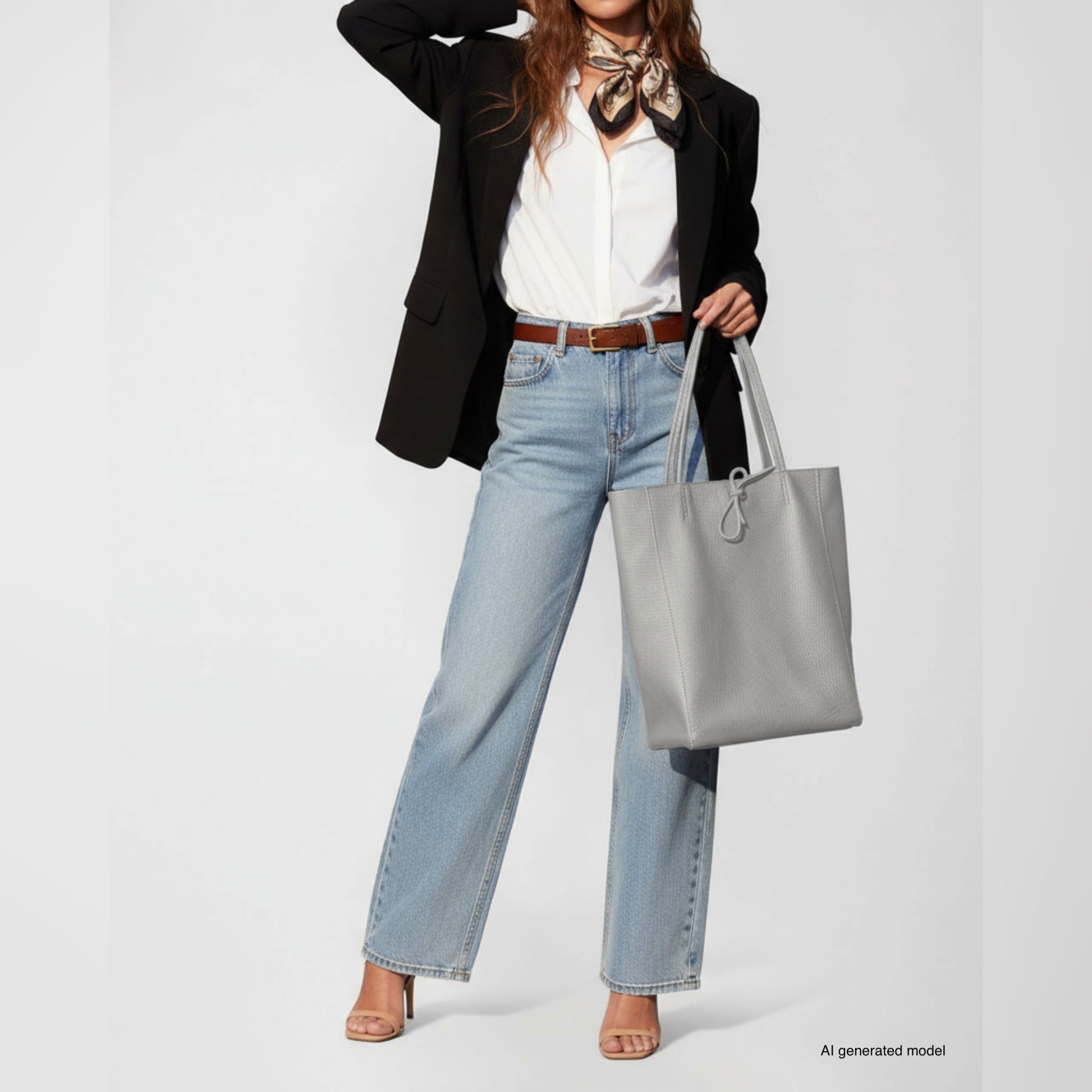 Woman wearing a black blazer, white blouse, light blue jeans, and beige heels holds an elegant Italian leather tote. She has a scarf around her neck and one hand on her head. The background is plain and light-colored.