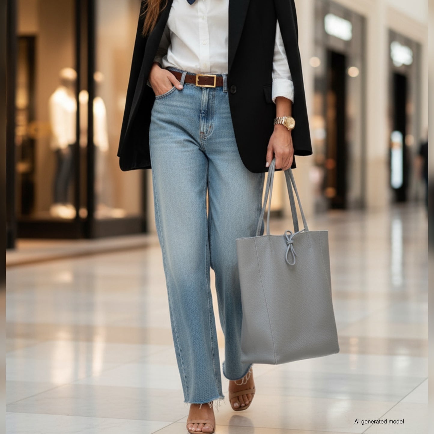A woman in a black blazer, white shirt, and blue jeans walks indoors, carrying an elegant Italian leather tote. She wears tan heeled sandals and a watch, with shops visible in the background.