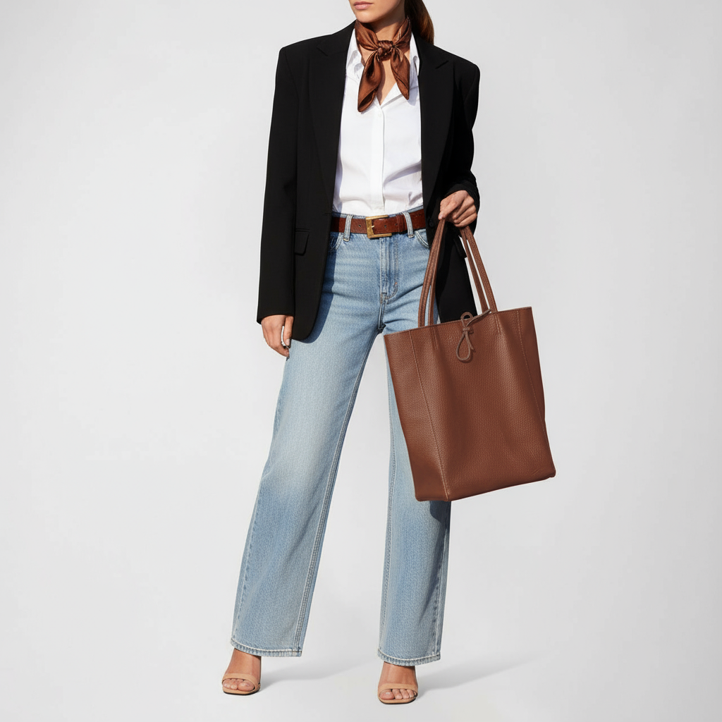 A woman in a black blazer, white shirt, light blue jeans, and brown scarf carries an Italian leather tote—a stylish women's everyday carryall—paired with beige heeled sandals. The background is plain white.