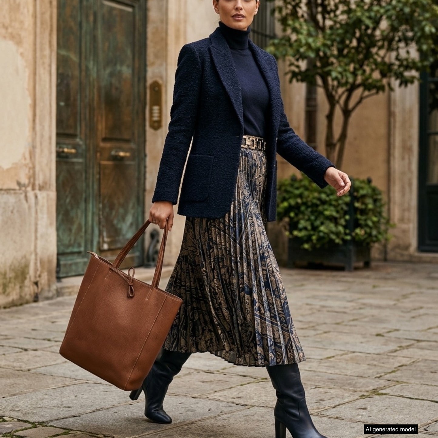 A woman wearing a black blazer, black turtleneck, patterned pleated skirt, and tall black boots carries an Italian leather tote while walking on a stone path in an outdoor urban setting with trees and buildings.