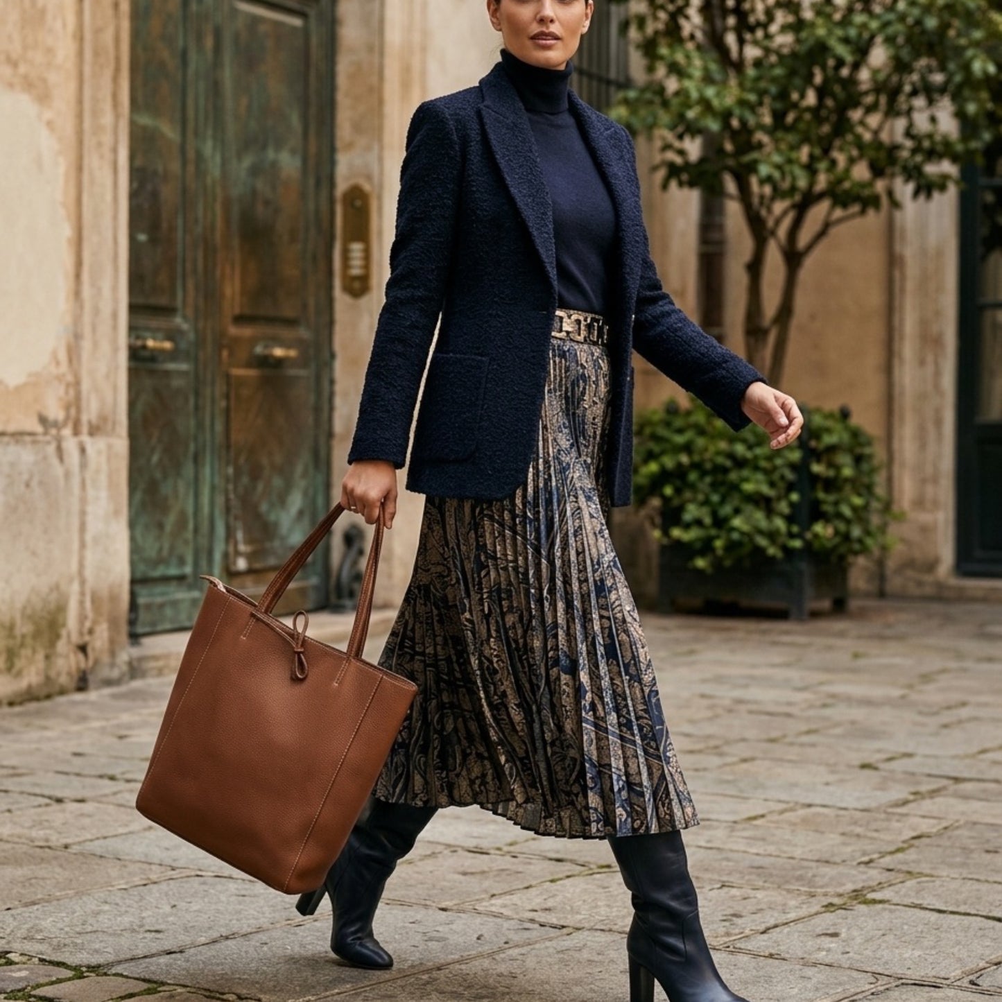 A woman walks outdoors wearing a navy blazer, black turtleneck, patterned pleated skirt, and tall navy boots, carrying an Italian leather tote. She is in a stone-paved courtyard with greenery and old buildings.