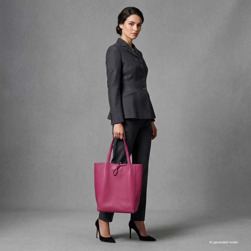 A woman in a dark gray suit and black heels stands holding a pink Italian leather tote bag against a plain gray background. She looks confidently at the camera.