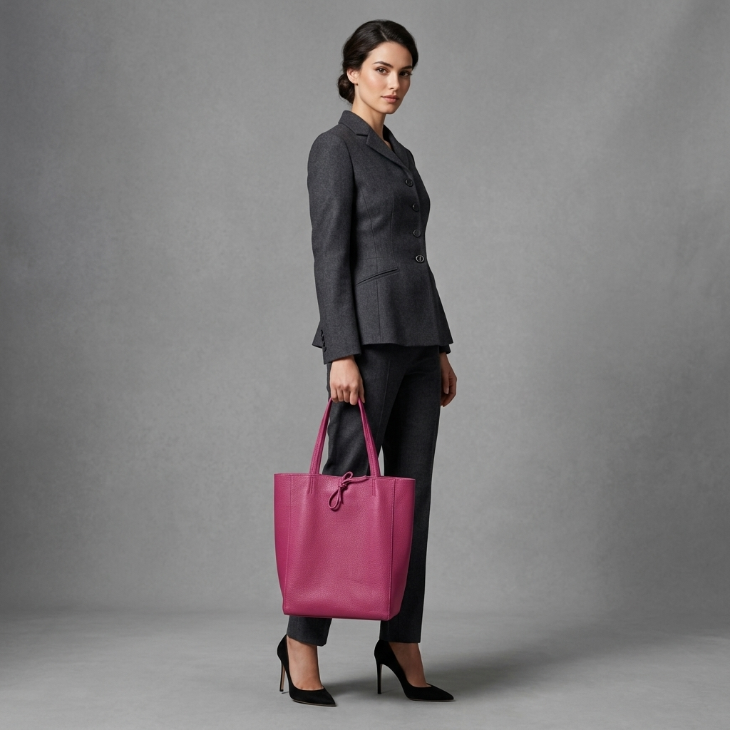 A woman in a dark tailored suit and black heels stands against a gray backdrop, holding an Italian leather tote—a chic women's everyday carryall—in soft pink by her side.