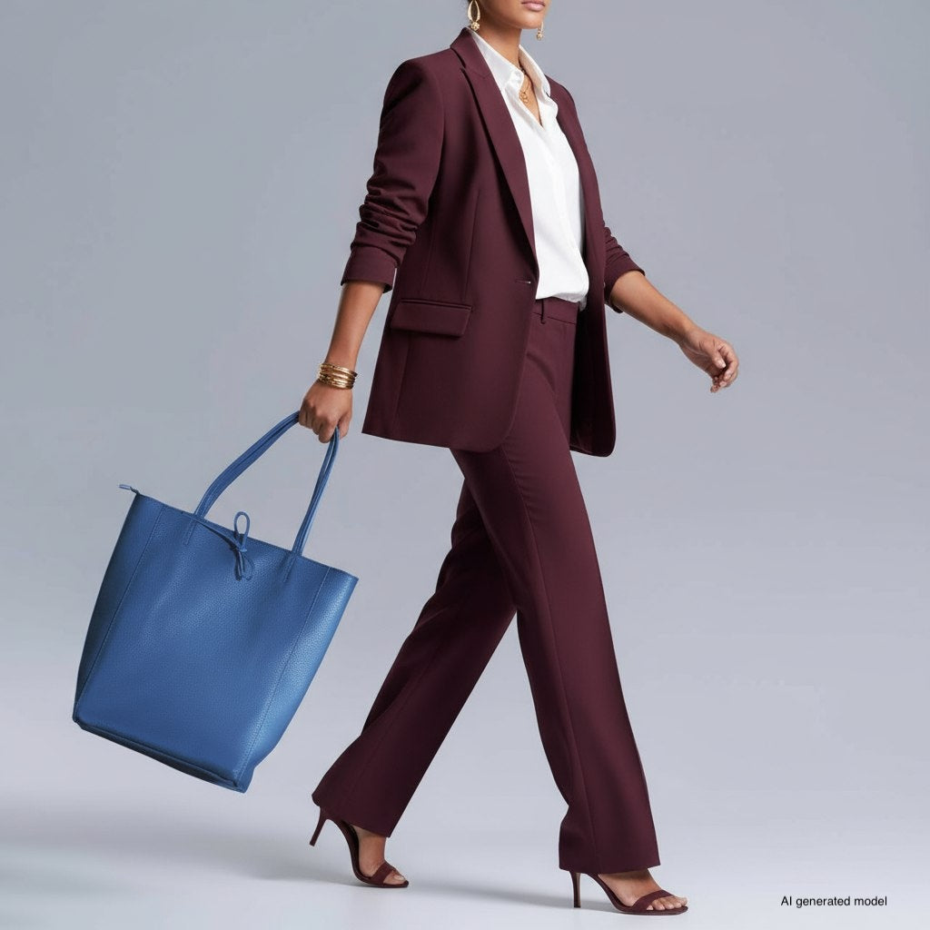 A woman in a burgundy suit, white blouse, and high heels walks while carrying a large Italian leather tote bag against a plain backdrop.