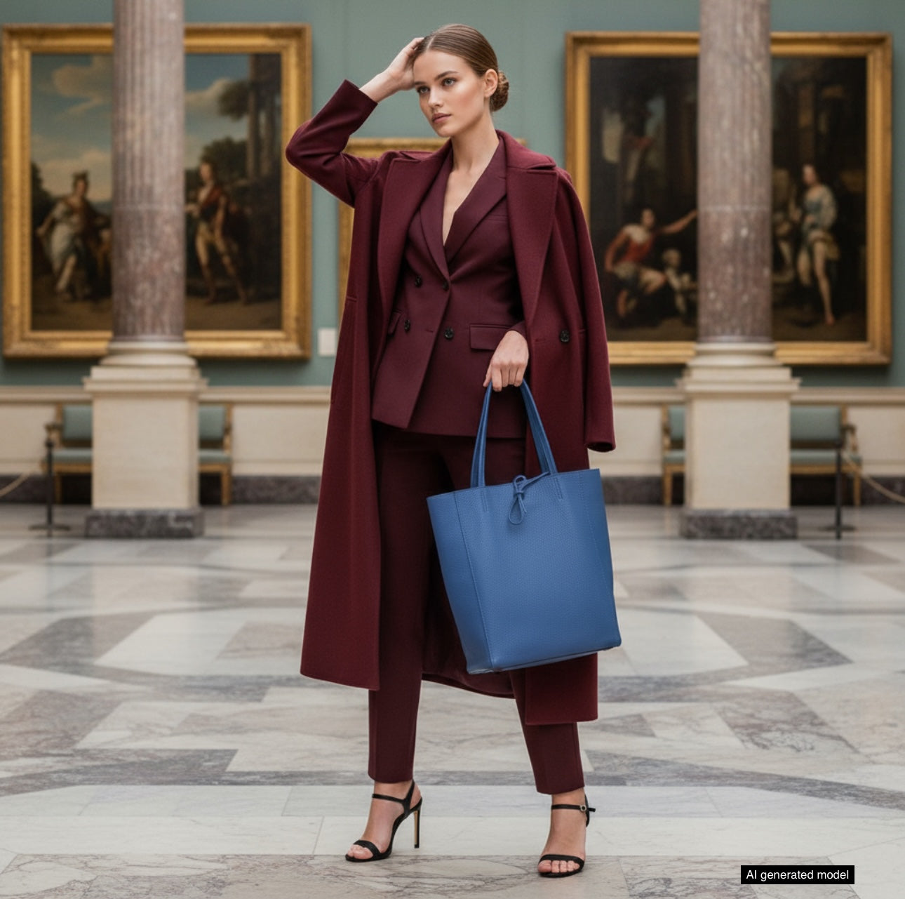 A woman in a burgundy suit and coat stands confidently in an art museum, holding a striking Italian leather tote. She wears black heels and poses with one hand touching her head, surrounded by classical paintings and marble columns.
