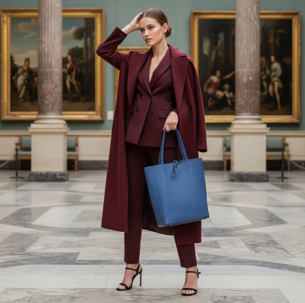 A woman in a burgundy suit and coat stands in an art museum, holding an elegant Italian leather tote. She wears black heels and poses confidently amid classical paintings and marble columns.