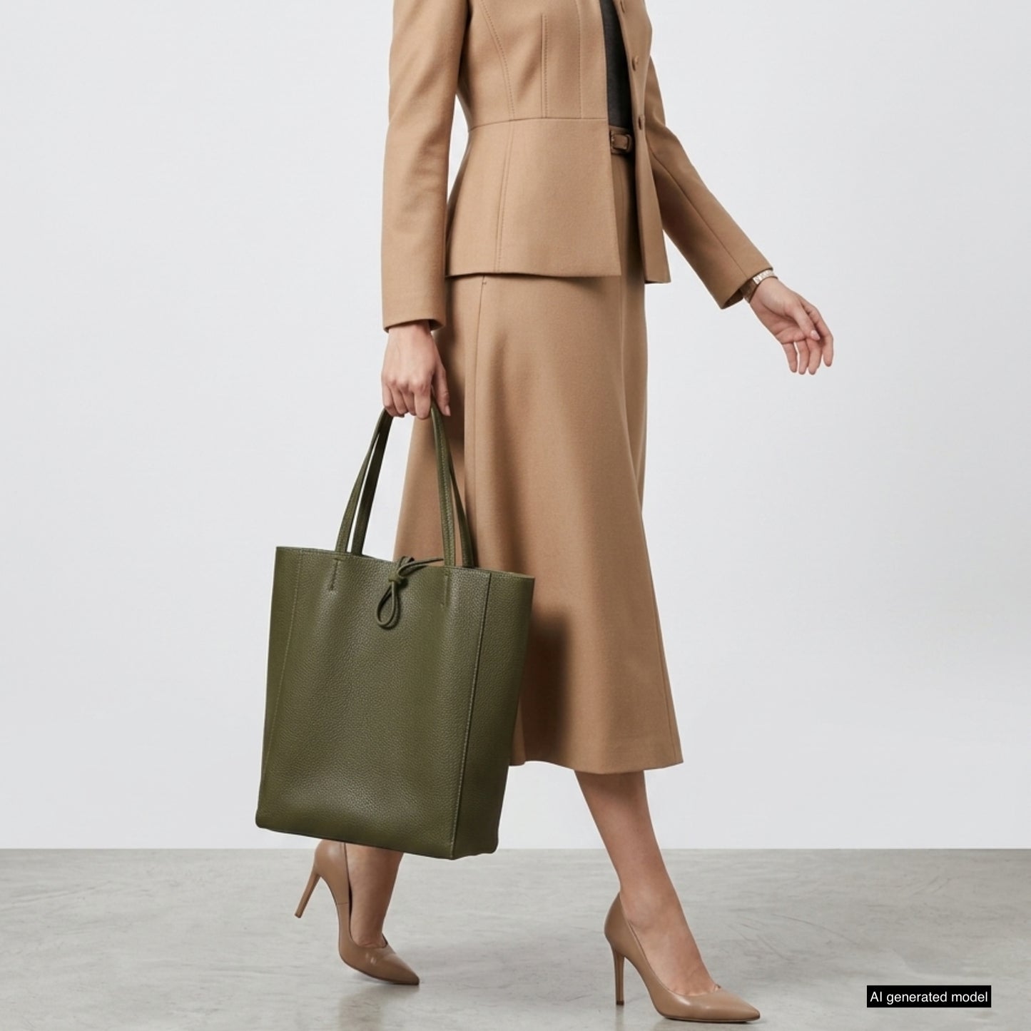 A person in a tan blazer and matching midi skirt carries an olive green Italian leather tote bag and wears nude high heels, standing against a plain background.