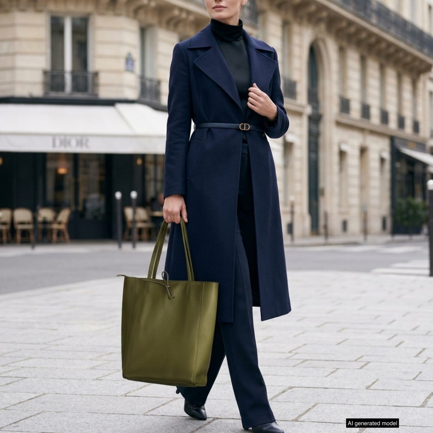 A person in a navy blue coat, black turtleneck, and black pants walks on a city sidewalk holding an Italian leather tote bag. The background shows elegant stone buildings and a cafe with outdoor seating.