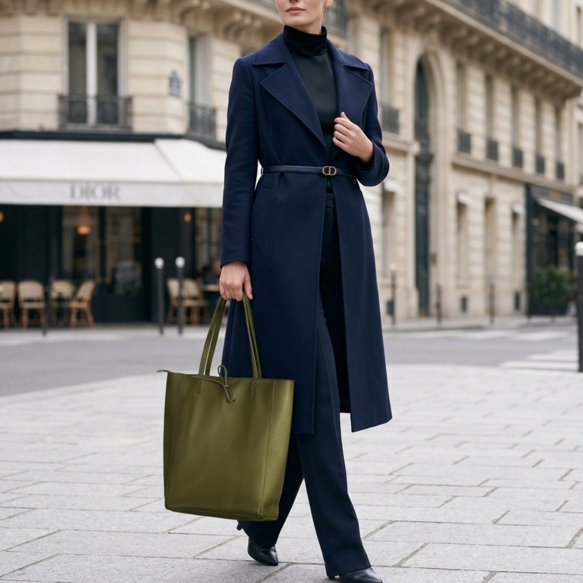 A person wearing a navy blue coat, black turtleneck, and matching pants walks on a city sidewalk, carrying a spacious Italian leather tote—an ideal women's everyday carryall. Classic stone buildings provide an elegant urban backdrop.