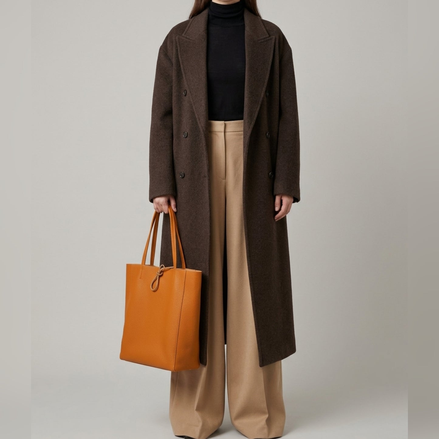 A person wearing a long dark brown coat, black turtleneck, and wide-leg beige trousers holds an Italian leather tote bag. The background is plain and neutral. The person’s face is not visible.
