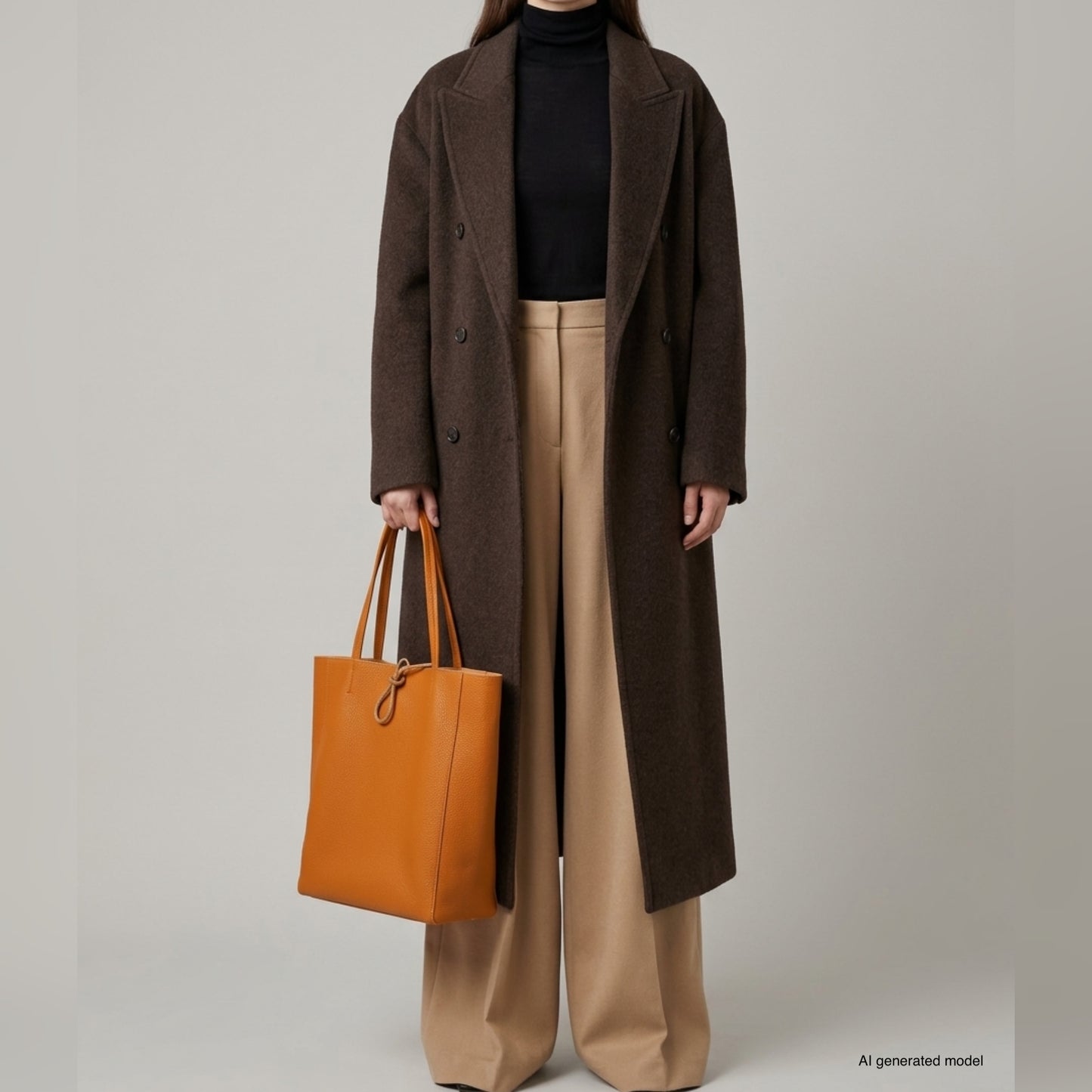 A person wearing a long brown coat over a black turtleneck and beige wide-leg trousers holds an Italian leather tote bag, standing against a plain light background. The model’s face is not visible.