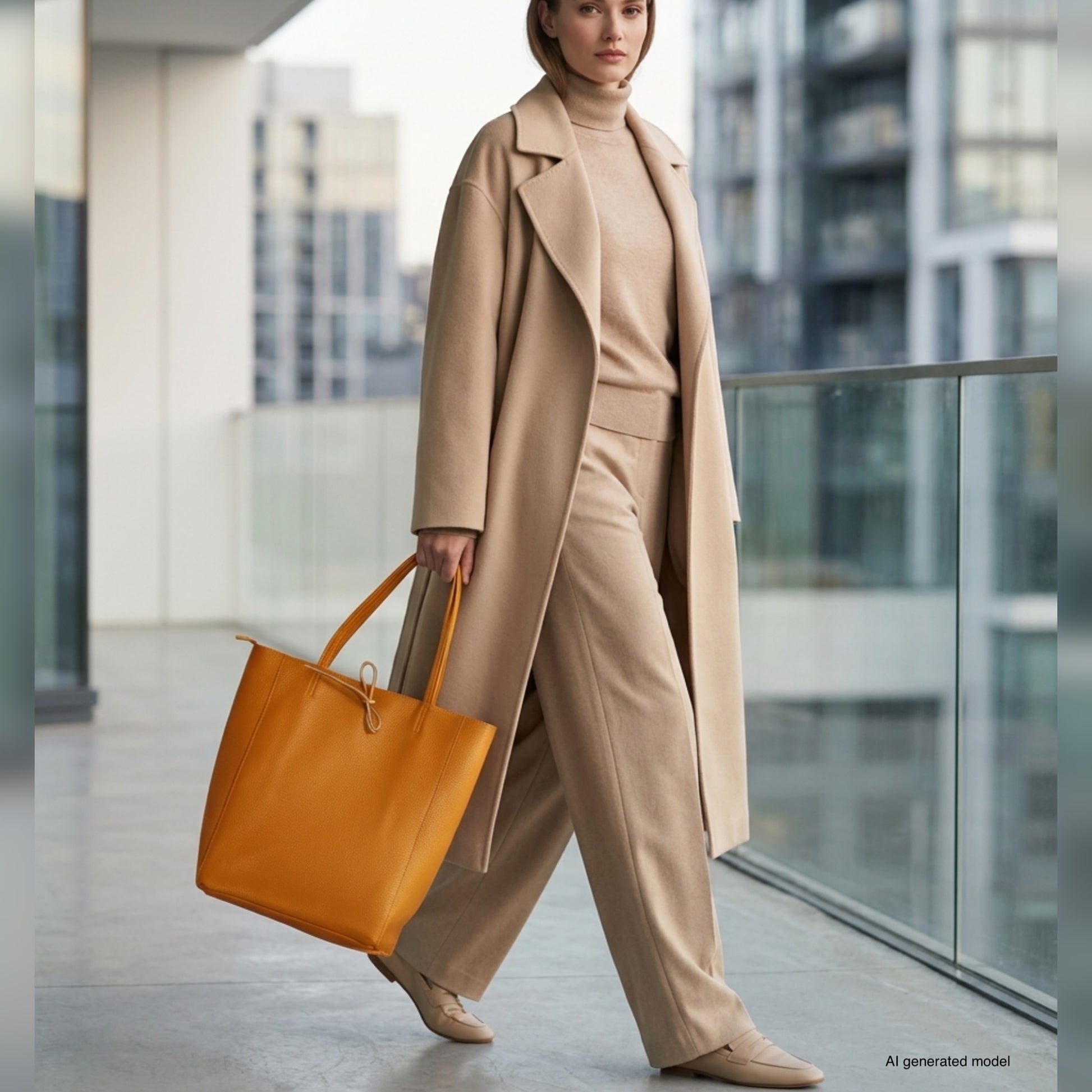 A woman in a beige coat, turtleneck, and trousers walks on a balcony with glass railings, holding an Italian leather tote bag; modern city buildings are visible in the background.
