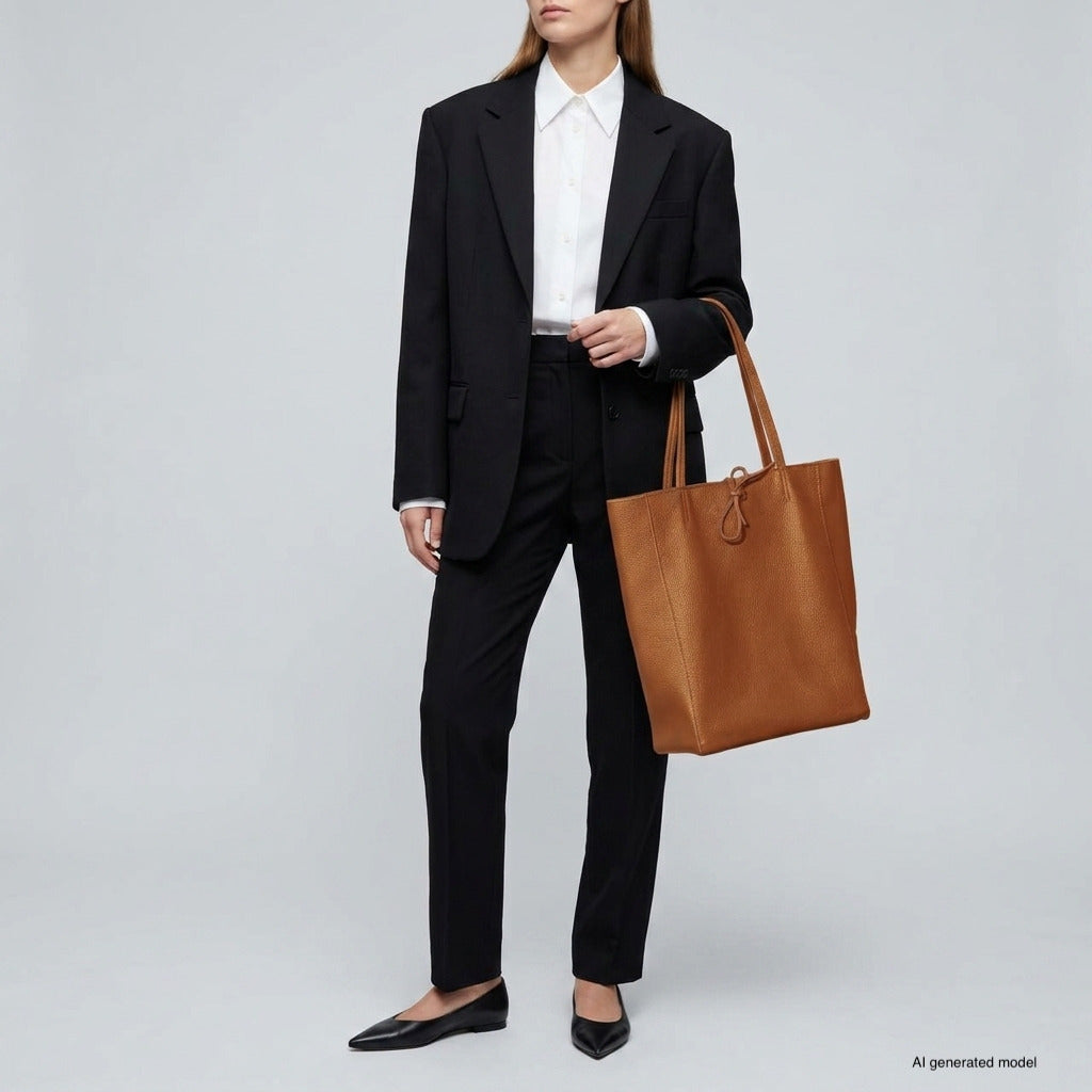 A person in a black suit, white shirt, and black flats stands holding a large women's carryall tote against a plain light gray background. The bag features pebbled calfskin leather. The person's head is not shown.