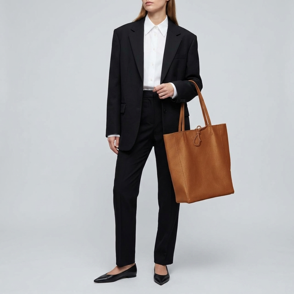 A woman in a black suit with a white button-up shirt holds an Italian leather tote, perfect as a women's everyday carryall. She stands against a light gray background, wearing black pointed flats. Her face is partially out of frame.