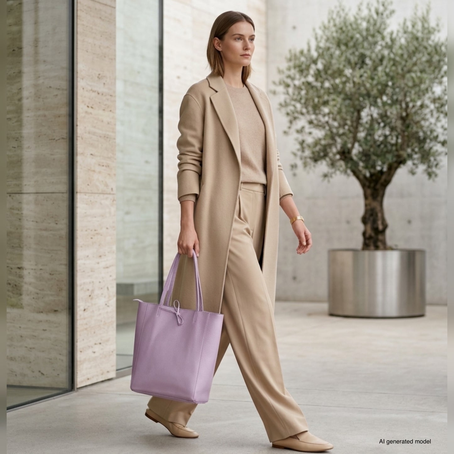 A woman in a beige coat and pants carries a women's carryall tote in lavender while walking indoors near a potted tree and stone wall. The setting is modern and minimalist.