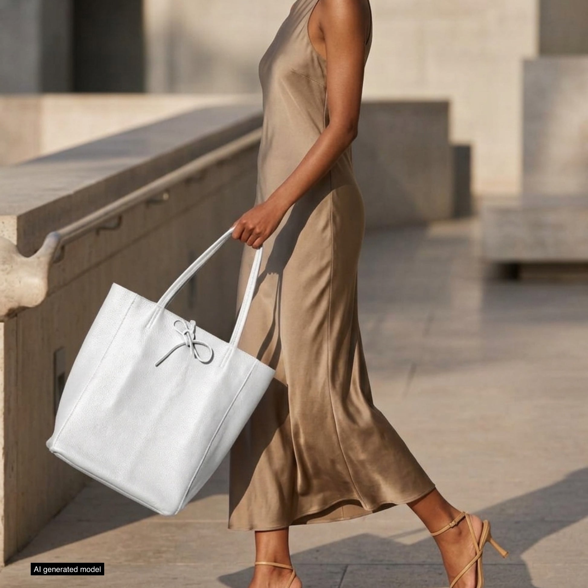 A woman in a sleeveless, beige satin dress and strappy sandals walks outdoors, holding an elegant women's tote bag in pebbled calfskin leather with a bow detail. Sunlight casts soft shadows on the stone pavement.