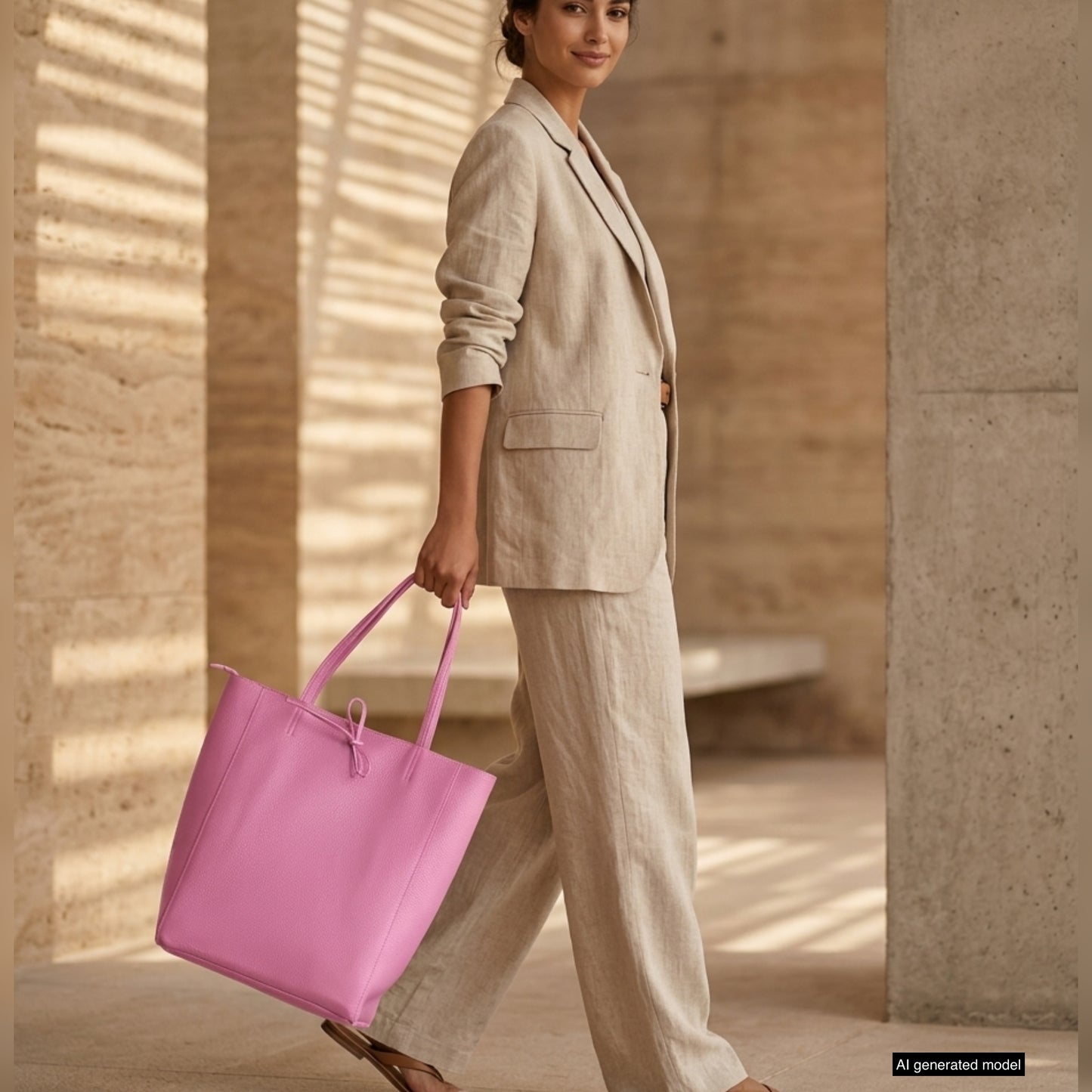 A woman in a beige suit and sandals walks indoors, holding a large pink Italian leather tote bag. She is smiling slightly and stands against a textured stone wall with sunlight streaming through.