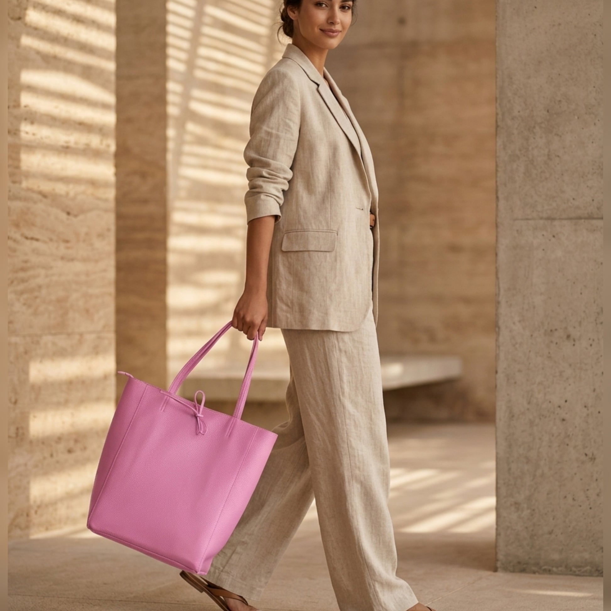 A woman in a beige linen suit and sandals walks indoors, carrying a large pink Italian leather tote. Sunlight streams through slats, casting shadows on the stone walls and floor.