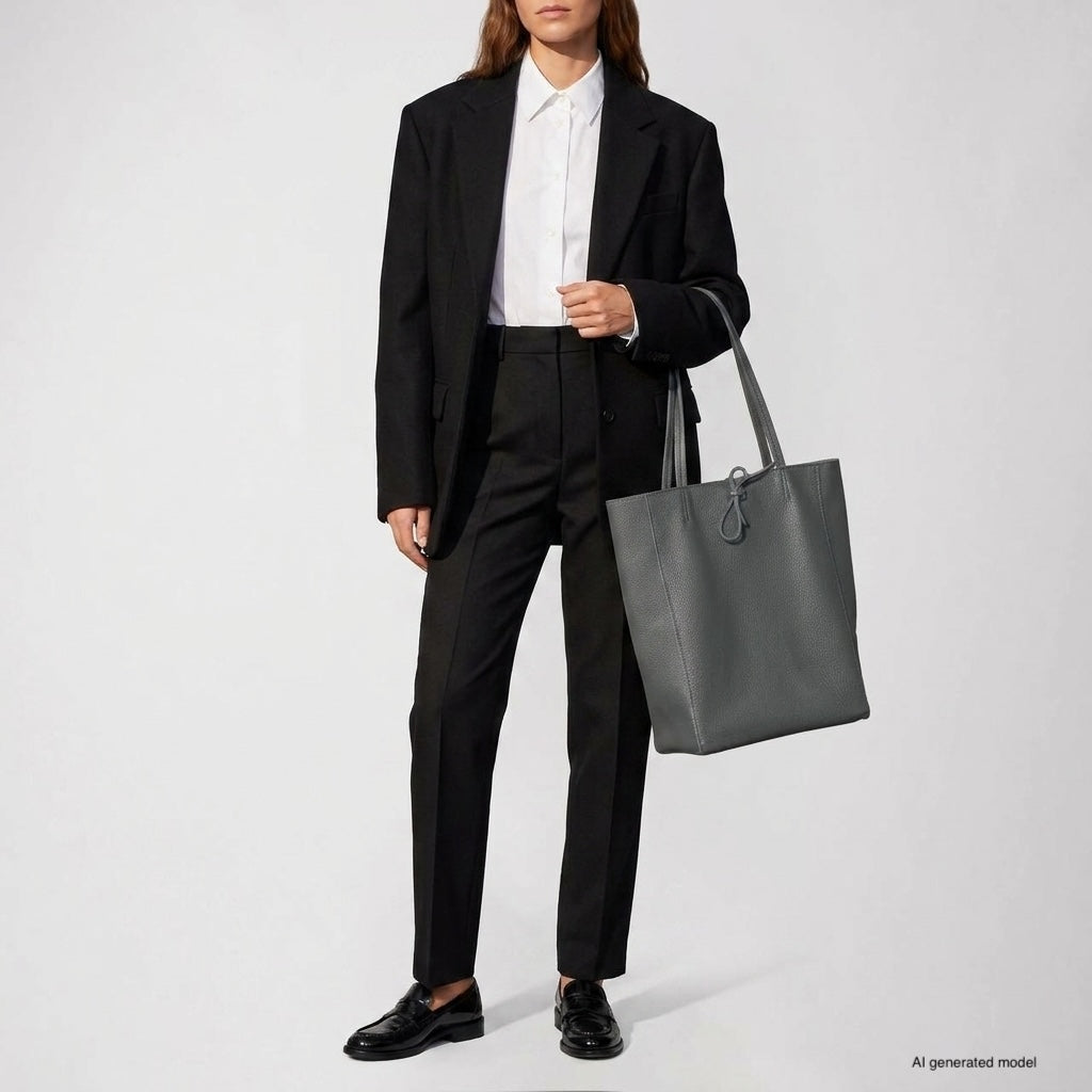 A person in a black suit, white shirt, and black loafers stands holding a large Italian leather tote bag. The background is plain and light-colored. The text in the corner reads AI generated model.