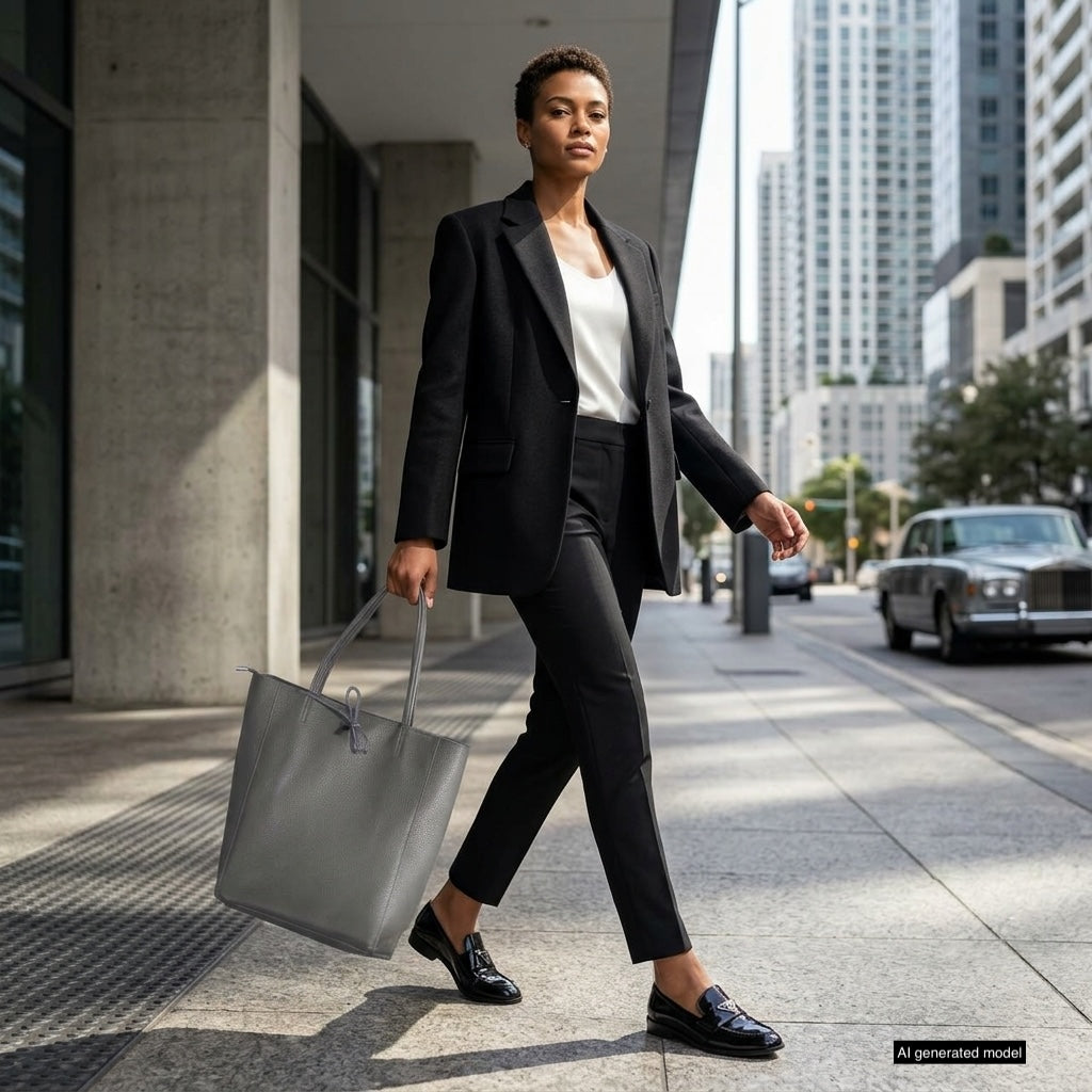 A person in a black blazer, white top, and black pants walks confidently on a city sidewalk, holding an elegant Italian leather tote bag. Tall buildings and parked cars line the urban street.