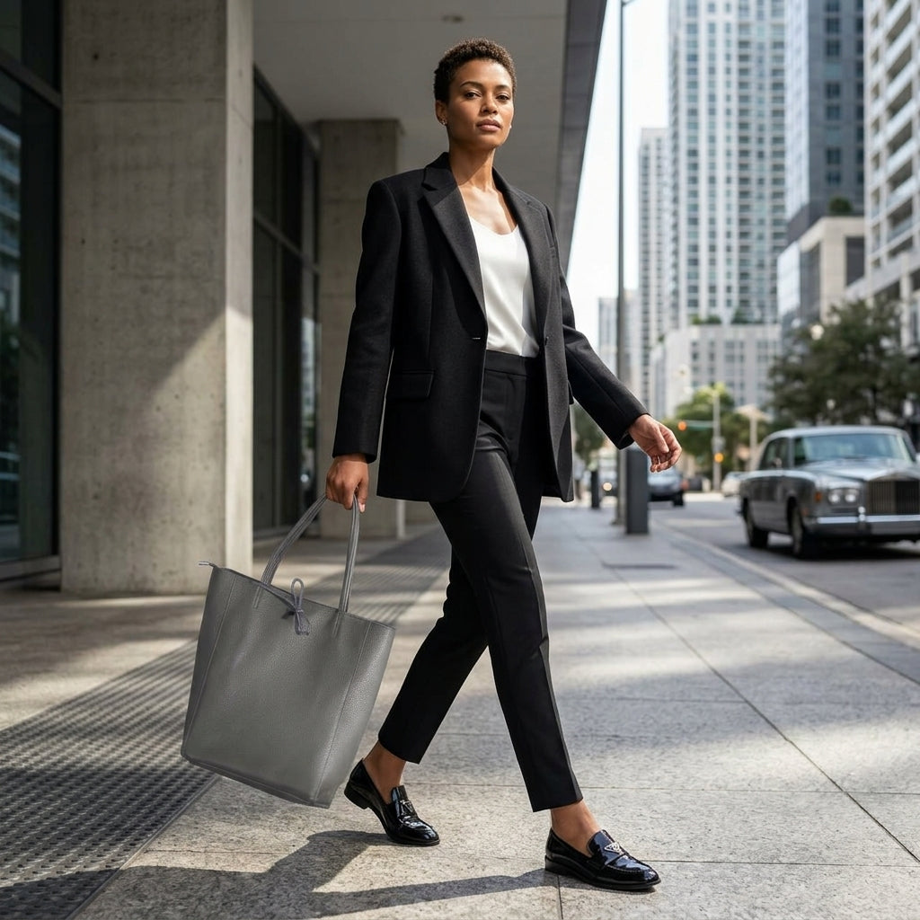 A confident woman in a black blazer, white blouse, and black pants walks along a city sidewalk, carrying an Italian leather tote. Tall buildings and parked cars line the street in the background.
