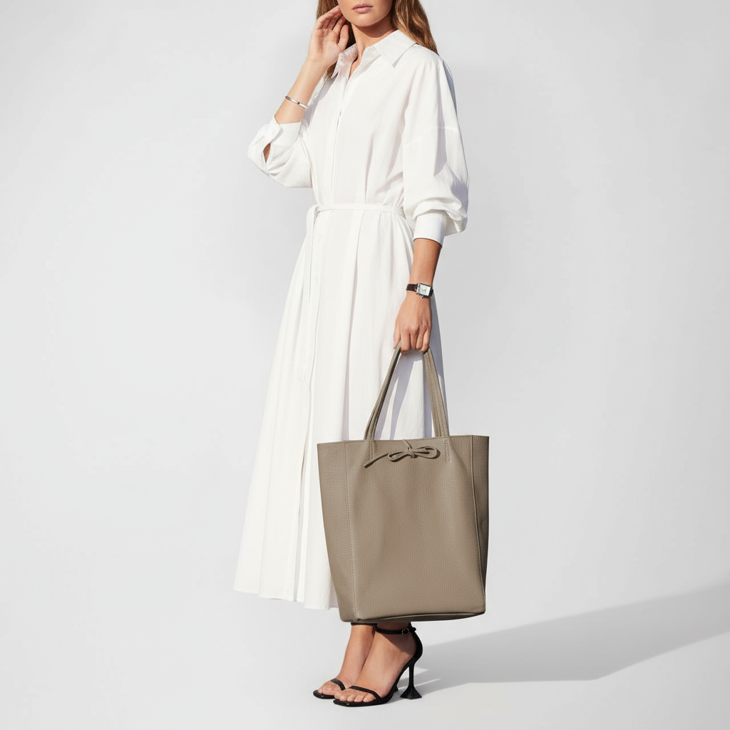 A woman wearing a long white shirt dress and black heeled sandals holds an Italian leather tote with short handles. She poses against a plain light background, showcasing this chic women’s everyday carryall.