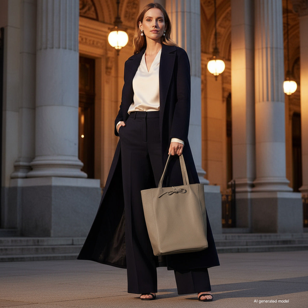 A woman in professional attire stands confidently outside a grand building at dusk, holding a large Italian leather tote. Warm lights illuminate the arched columns behind her, highlighting her long dark coat and elegant style.