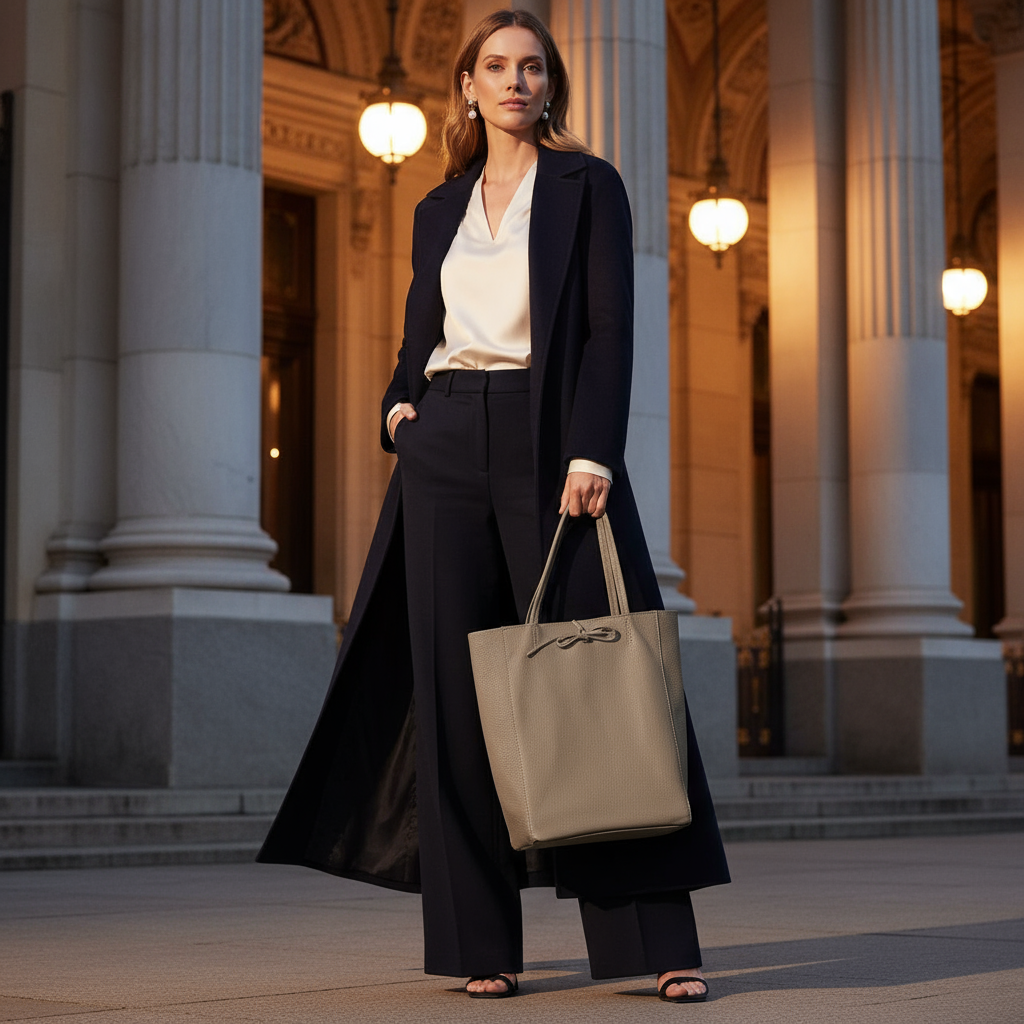A woman in a long dark coat, white blouse, and wide-leg trousers stands confidently outside a grand building, holding a women's everyday carryall. Evening lights illuminate the elegant architectural background.