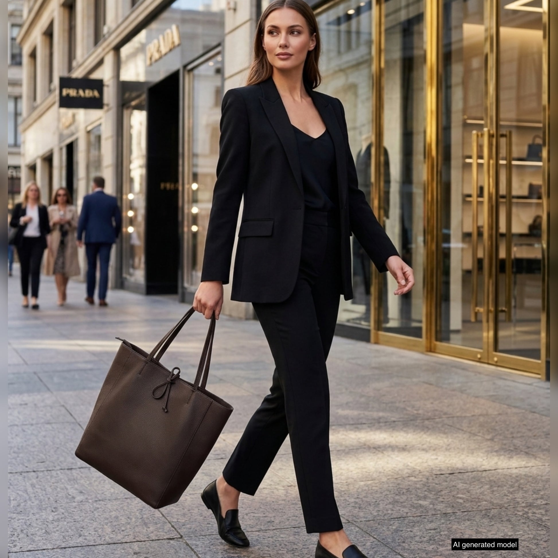 A woman in a black suit walks confidently on a city sidewalk, carrying an Italian leather tote bag. She has straight brown hair and passes luxury store fronts with sleek glass windows.