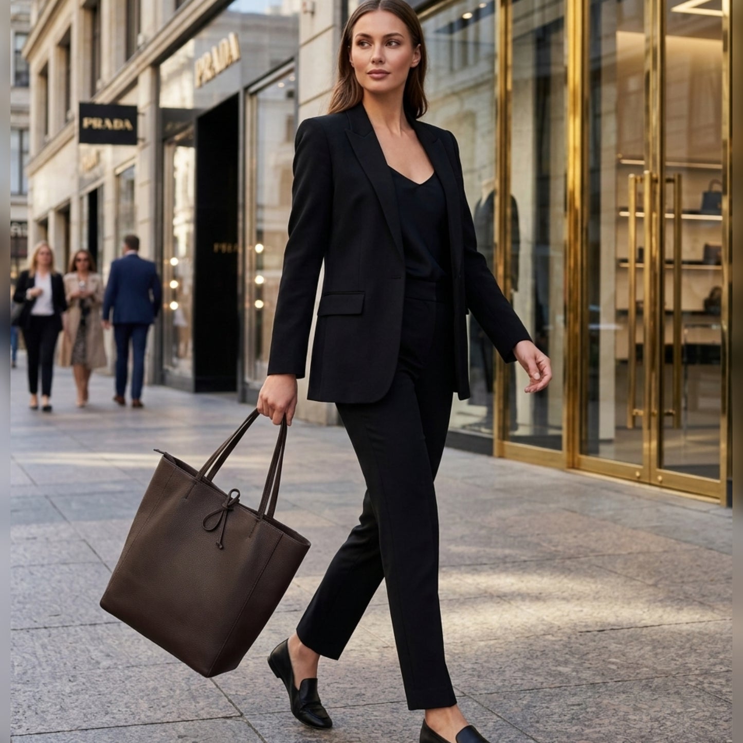 A woman in a black suit and black loafers walks on a city sidewalk, carrying an Italian leather tote. She is passing upscale storefronts with glass windows and gold accents, while other people are visible in the background.