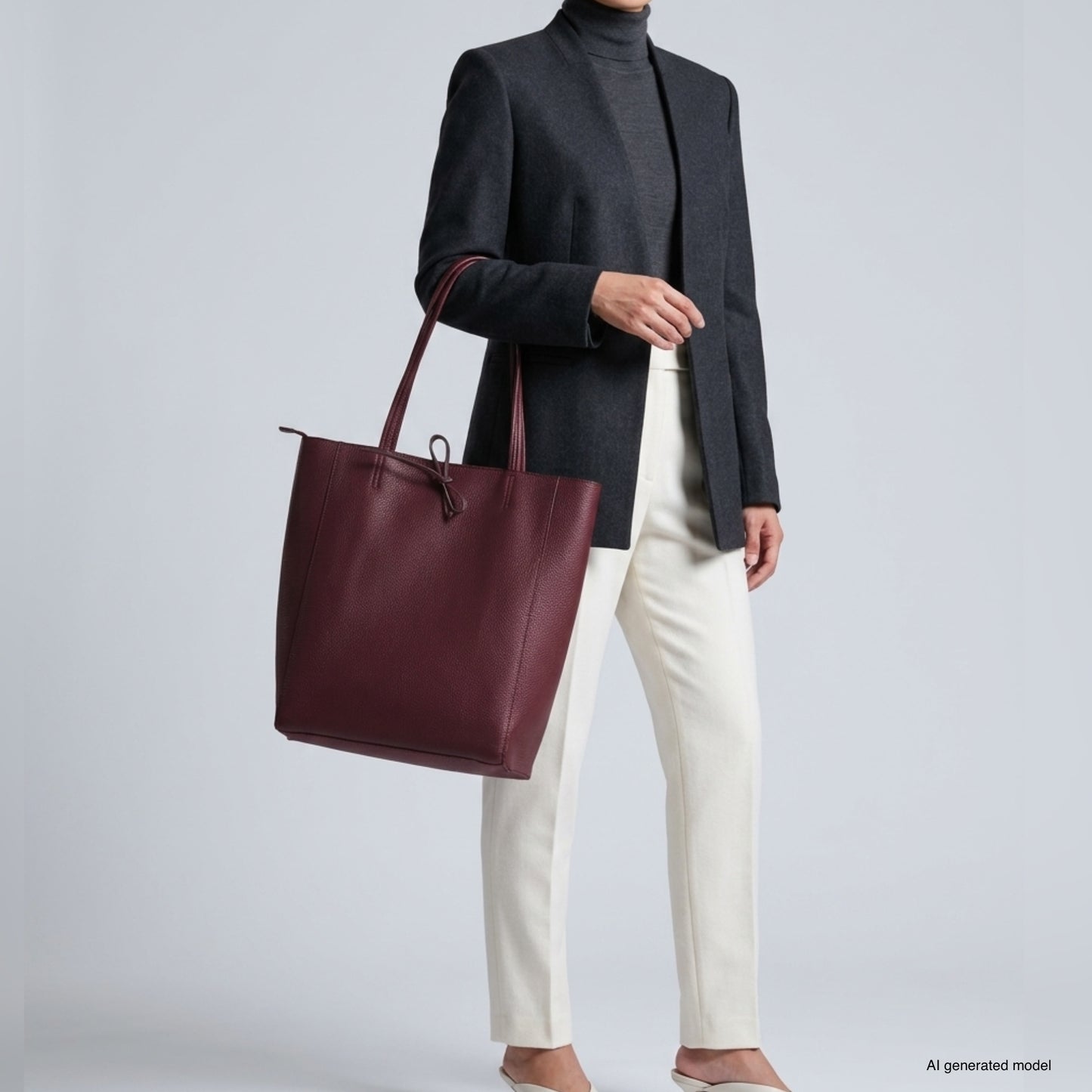 A person wearing a dark blazer, gray turtleneck, and white pants holds a large women's carryall tote in hand. The background is plain and light-colored. The model’s face is not visible.