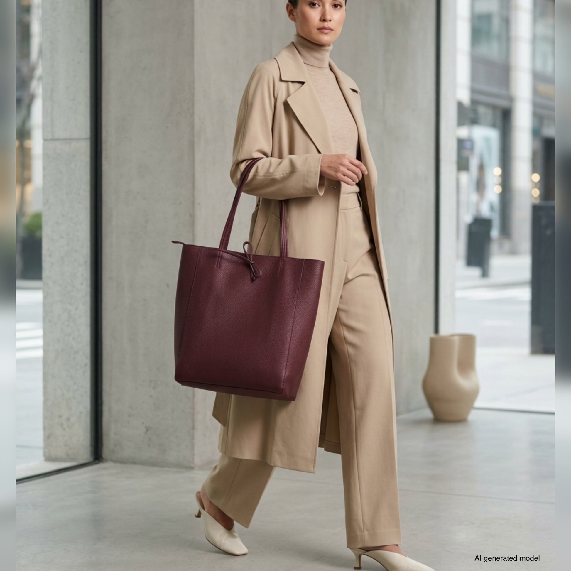 A woman in a beige turtleneck, matching pants, and a long trench coat walks indoors carrying a pebbled calfskin leather Italian leather tote bag. She wears white shoes and stands near large windows and modern decor.