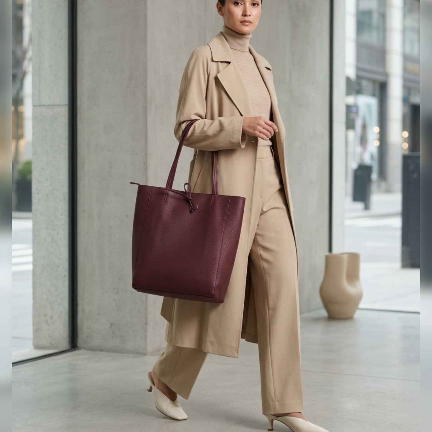 A woman in a beige turtleneck, long coat, and trousers walks indoors with an Italian leather tote—a stylish women's everyday carryall. She wears white heels, and large windows reveal a bustling city street outside.