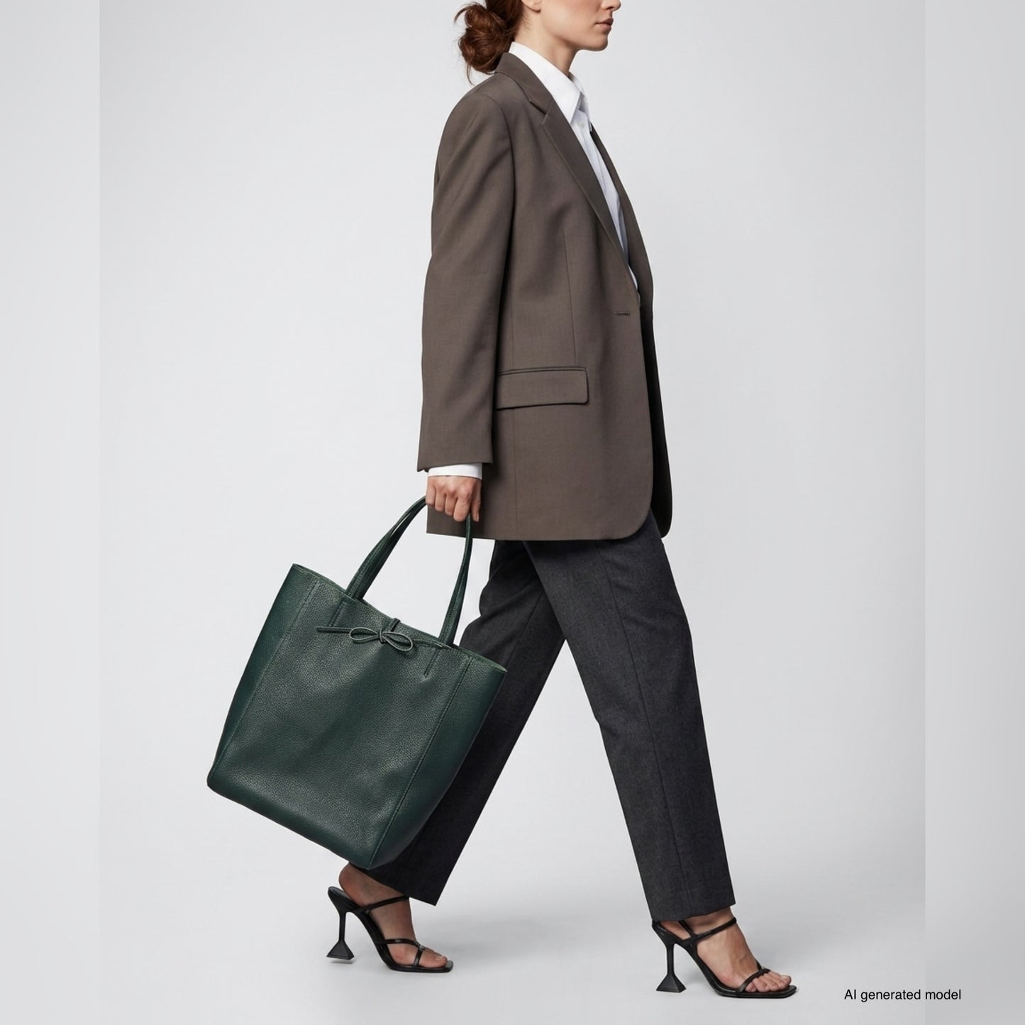 A person in a brown blazer, white shirt, and dark trousers walks in black heeled sandals, carrying a large women's carryall tote with a bow detail, crafted from pebbled calfskin leather. The background is plain and light-colored.