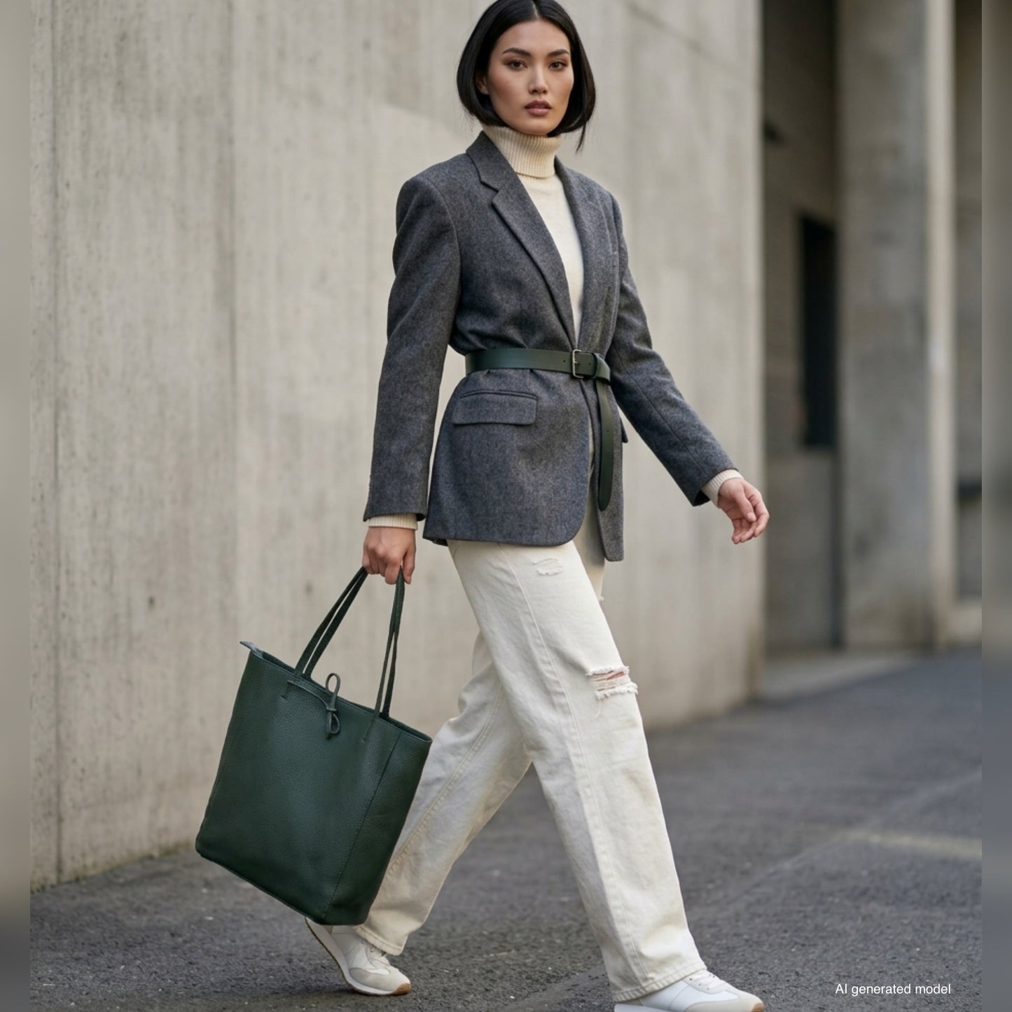 A woman in a gray blazer, white turtleneck, and off-white pants walks outside. She carries a chic Italian leather tote bag in green and wears white sneakers against a backdrop of a concrete wall and building.