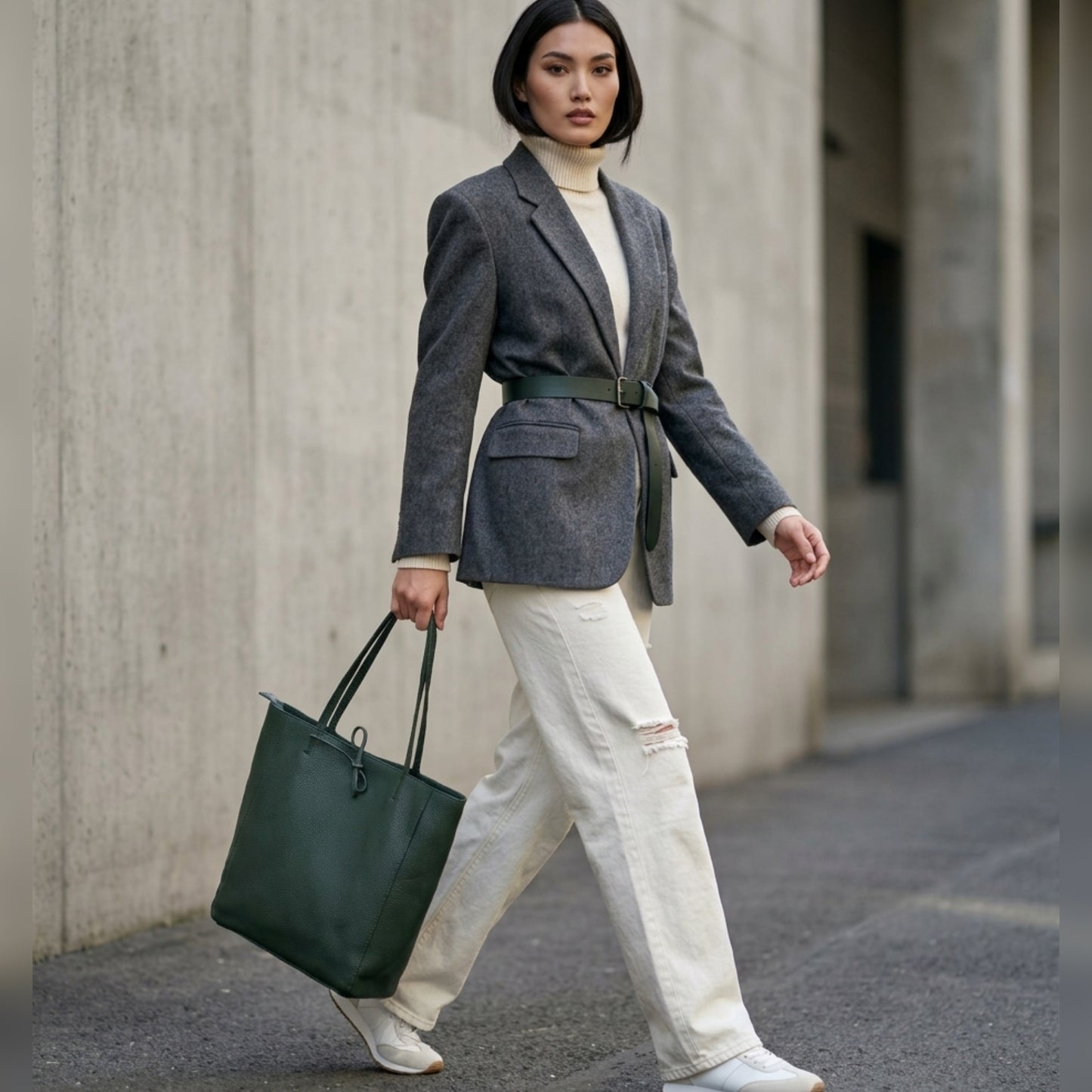 A woman walks outdoors wearing a grey blazer with a belt, white turtleneck, distressed pants, and sneakers. She carries an elegant Italian leather tote in dark green and has a confident expression.