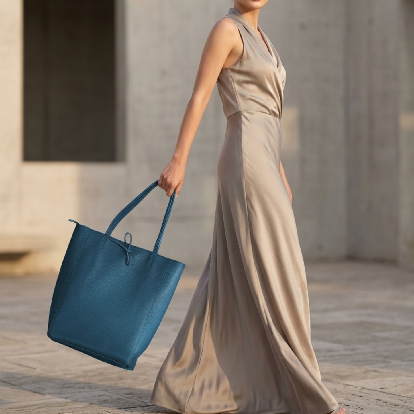 A woman in a flowing beige dress walks outside on a stone surface, holding a large blue Italian leather tote by her side. The background features light-colored concrete walls. Her face is not visible.