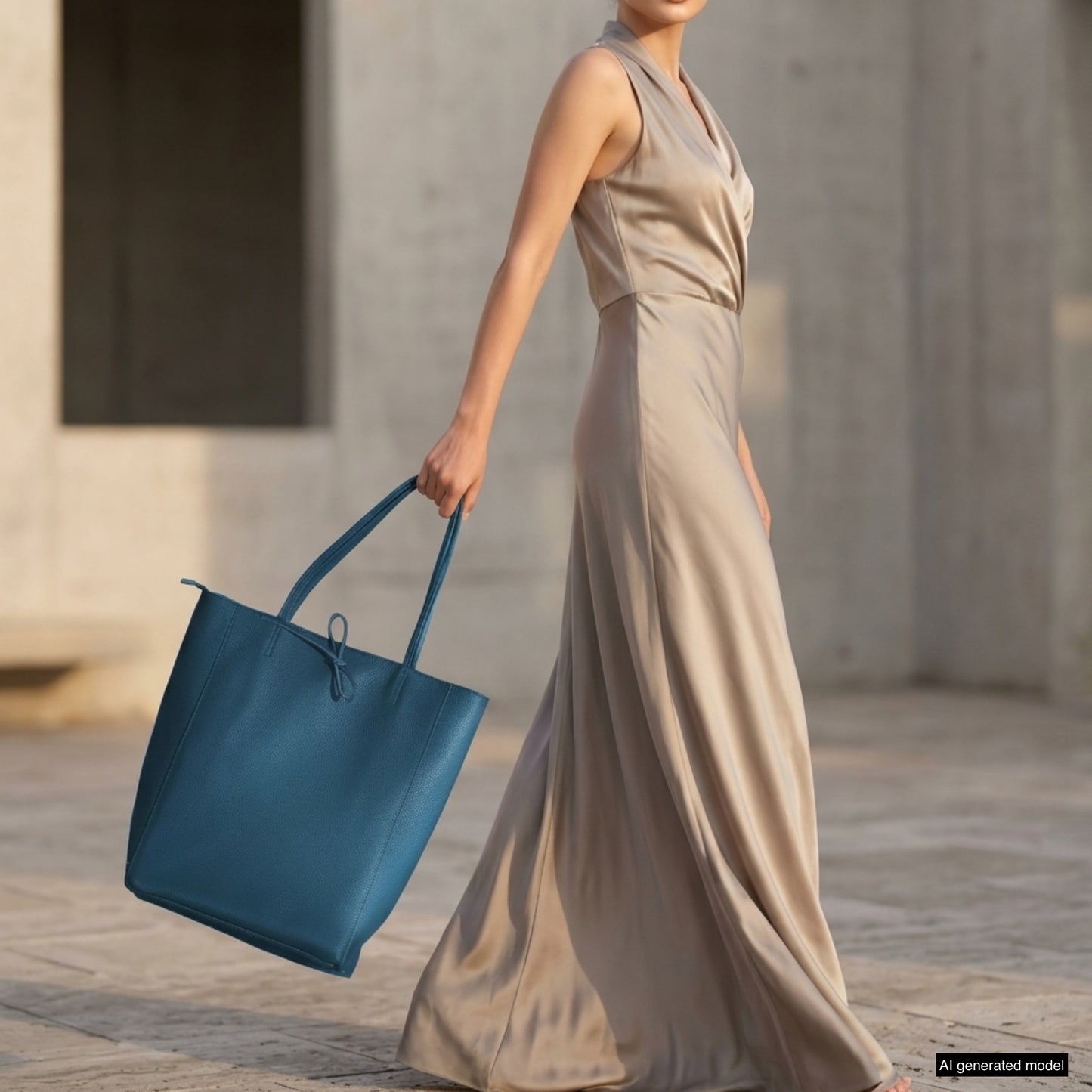 A woman in a flowing, sleeveless beige dress walks outdoors, holding an elegant women's carryall tote. The background features light-colored stone walls in a modern architectural setting.
