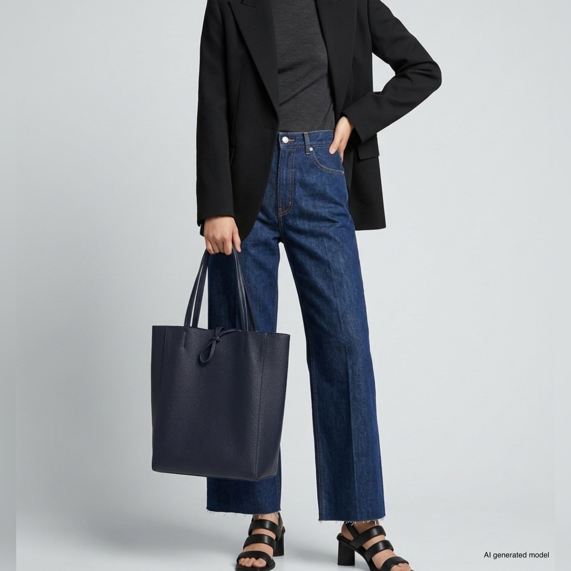 A person wearing a black blazer, dark top, blue jeans, and black sandals holds a large women's carryall tote. The outfit is simple and stylish. The person's face is not visible.