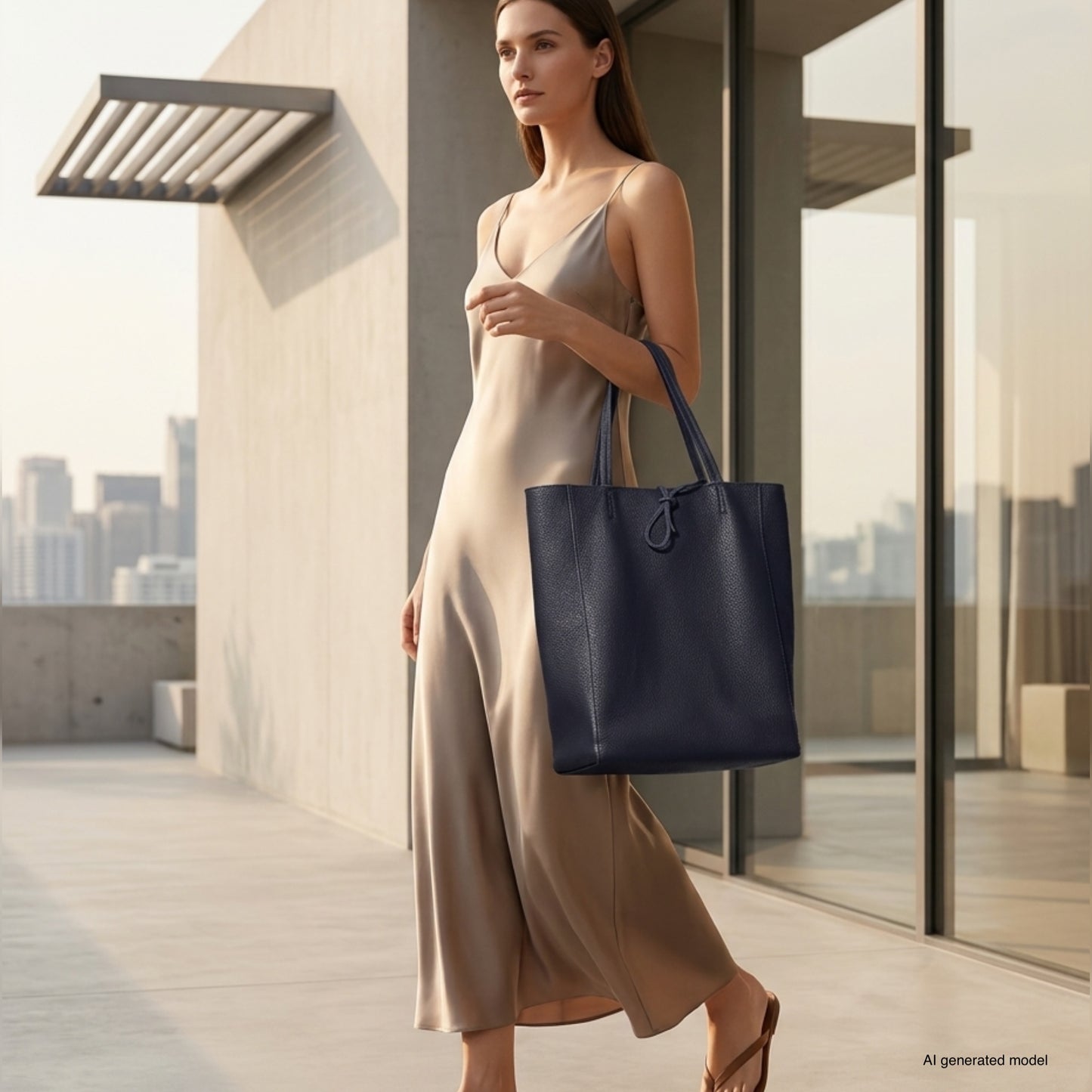 A woman in a beige slip dress stands on a modern rooftop terrace, holding an Italian leather tote bag. She has straight brown hair and wears sandals. City buildings are visible in the background.