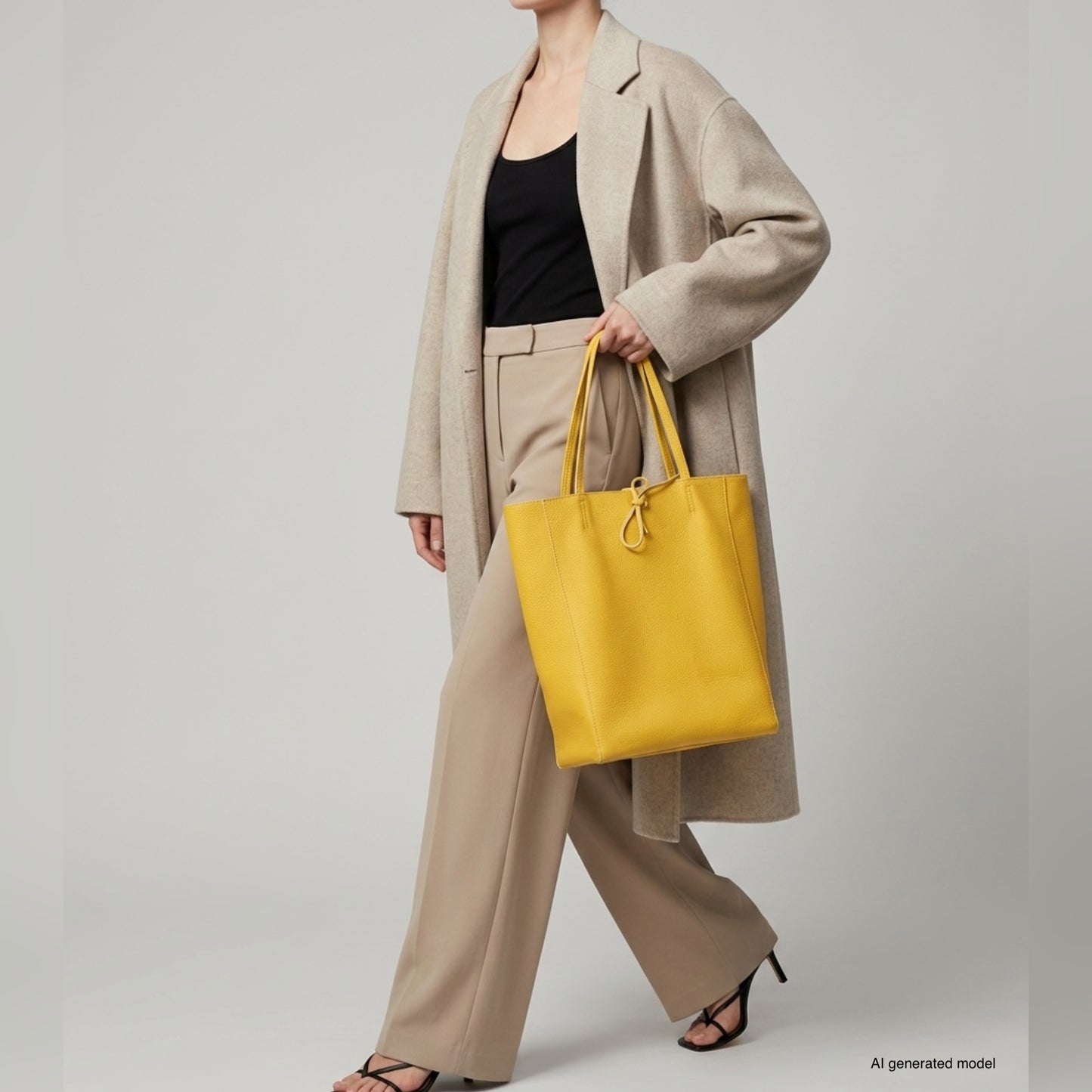 A person wearing a beige coat, black top, and beige pants walks forward holding a large yellow Italian leather tote bag. The women's carryall tote adds a pop of color to the look, while black sandals complete the outfit. The background is plain and light-colored.