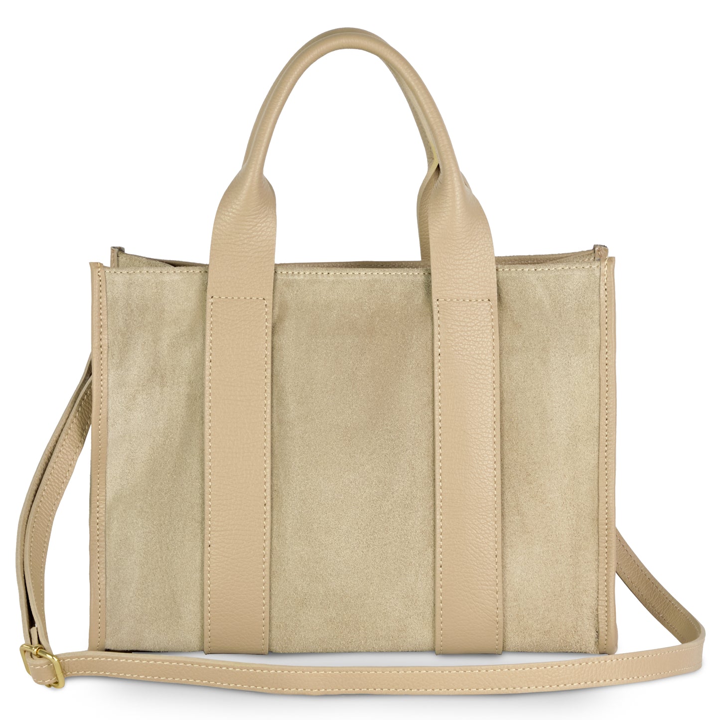 A greige suede shoulder bag with two top handles, vertical leather accents, and an adjustable strap. This handmade Italian bag has a rectangular shape and a smooth, suede-like texture.